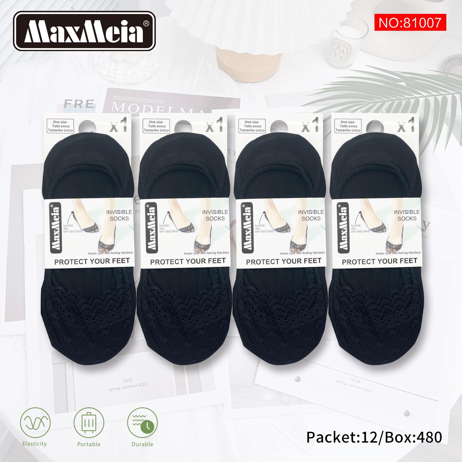 Meia Invisível com Renda| Mulher | Tamanho Único | Preto |Pack de 1/4 pares