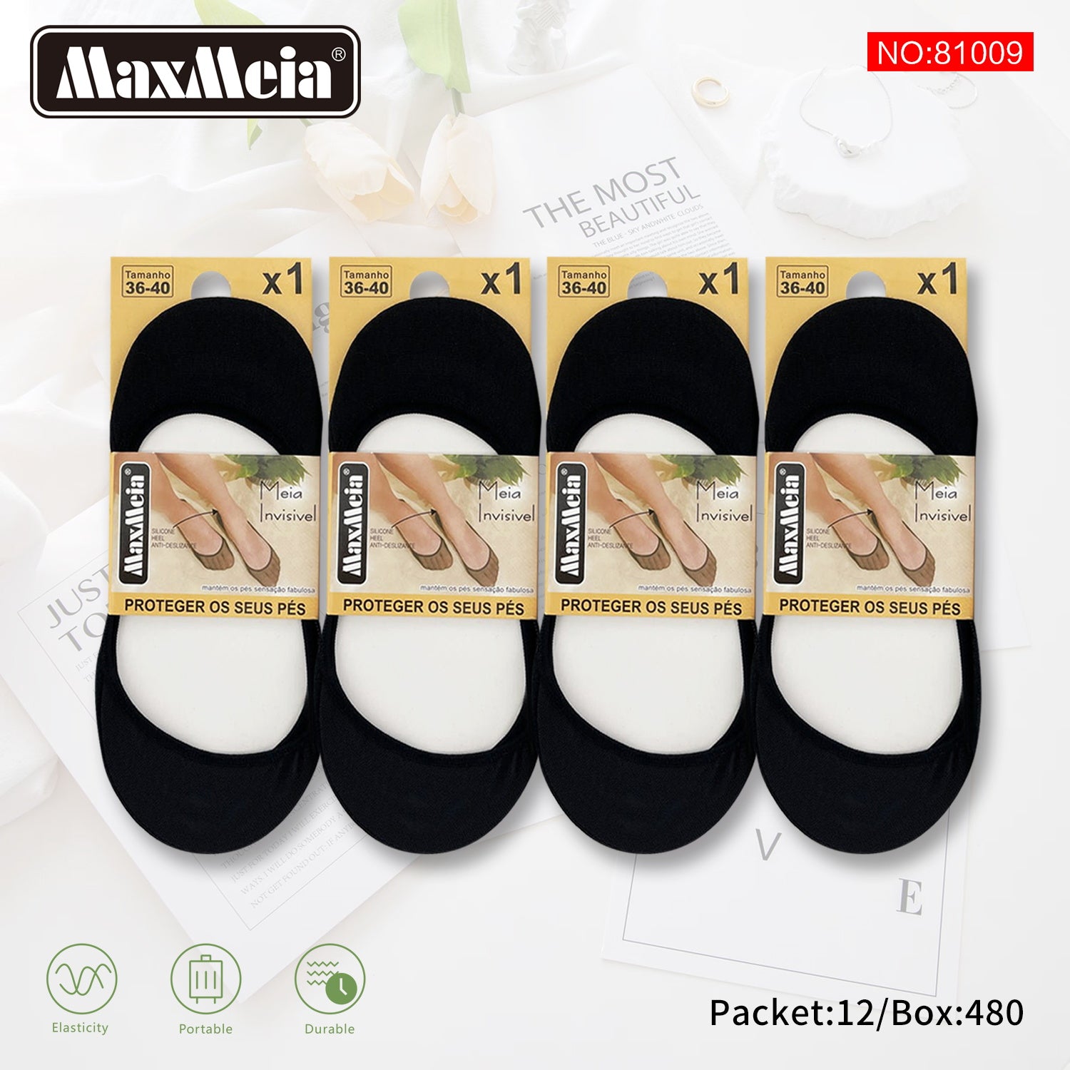 Meia Invisível | Mulher | Tamanho 36-40 | Bege e Preto|Pack de 1/4 pares