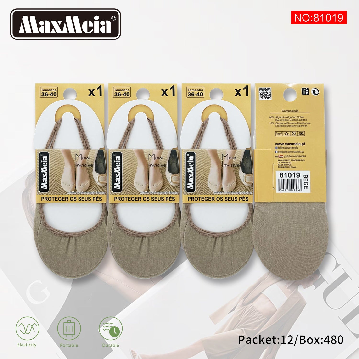Meia Invisível  | Mulher | 36-40 | Preto e Bege | Pack de 1/4 pares