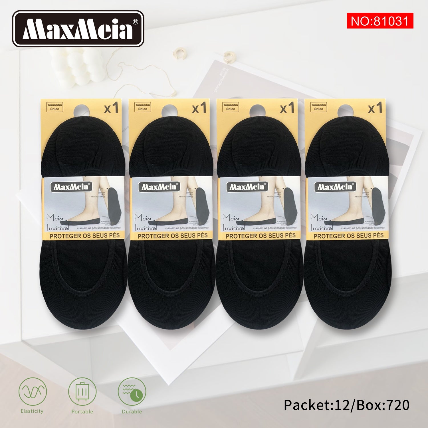 Meia Invisível Preta com Almofada Mulher | Tamanho único|Pack de 1/4 pares