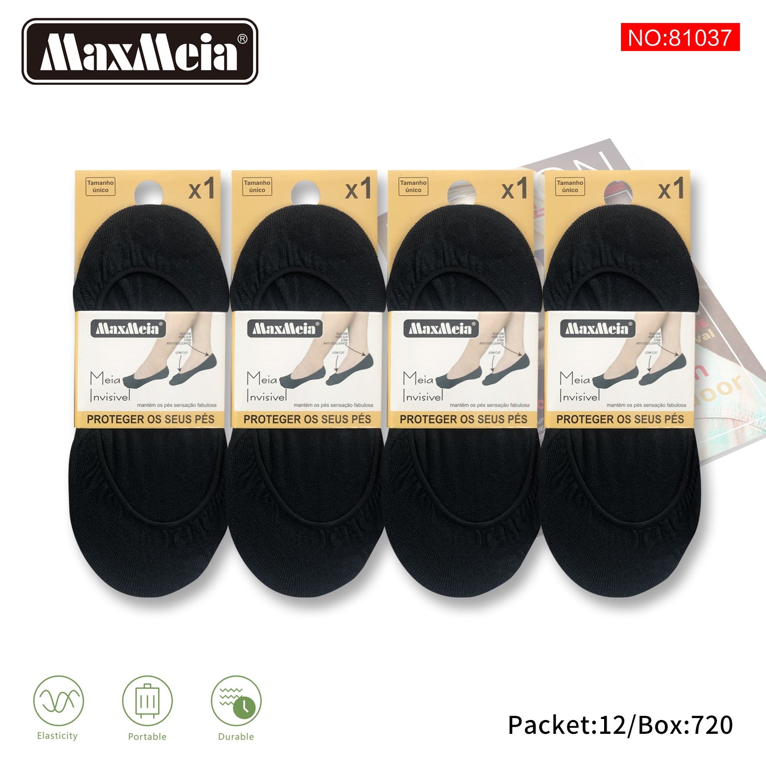 Meia Invisível Preta Mulher  | Tamanho único | Pack de 1/4 pares