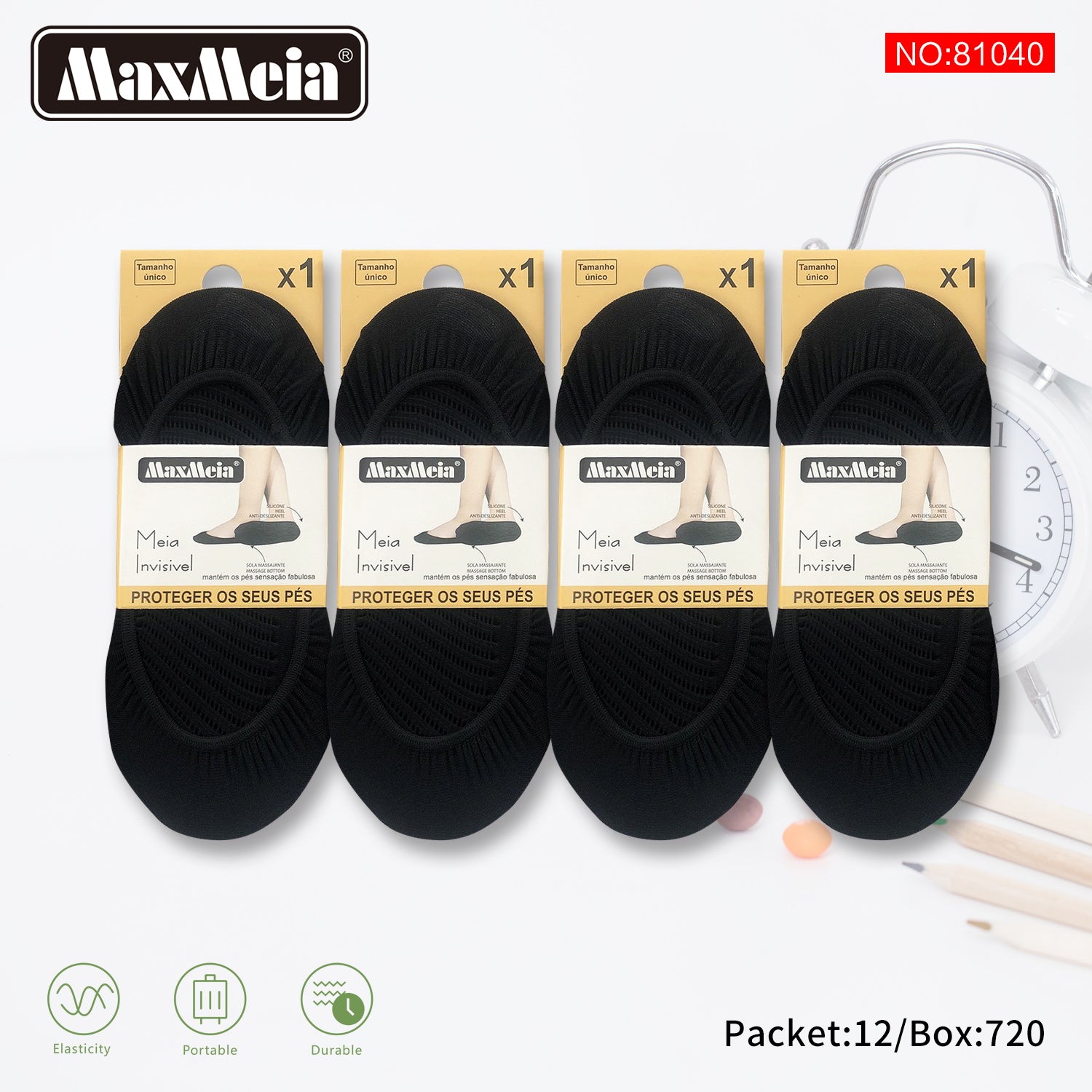 Meia Invisível Bege/Preto Massajante Mulher|Pack de 1/4 pares