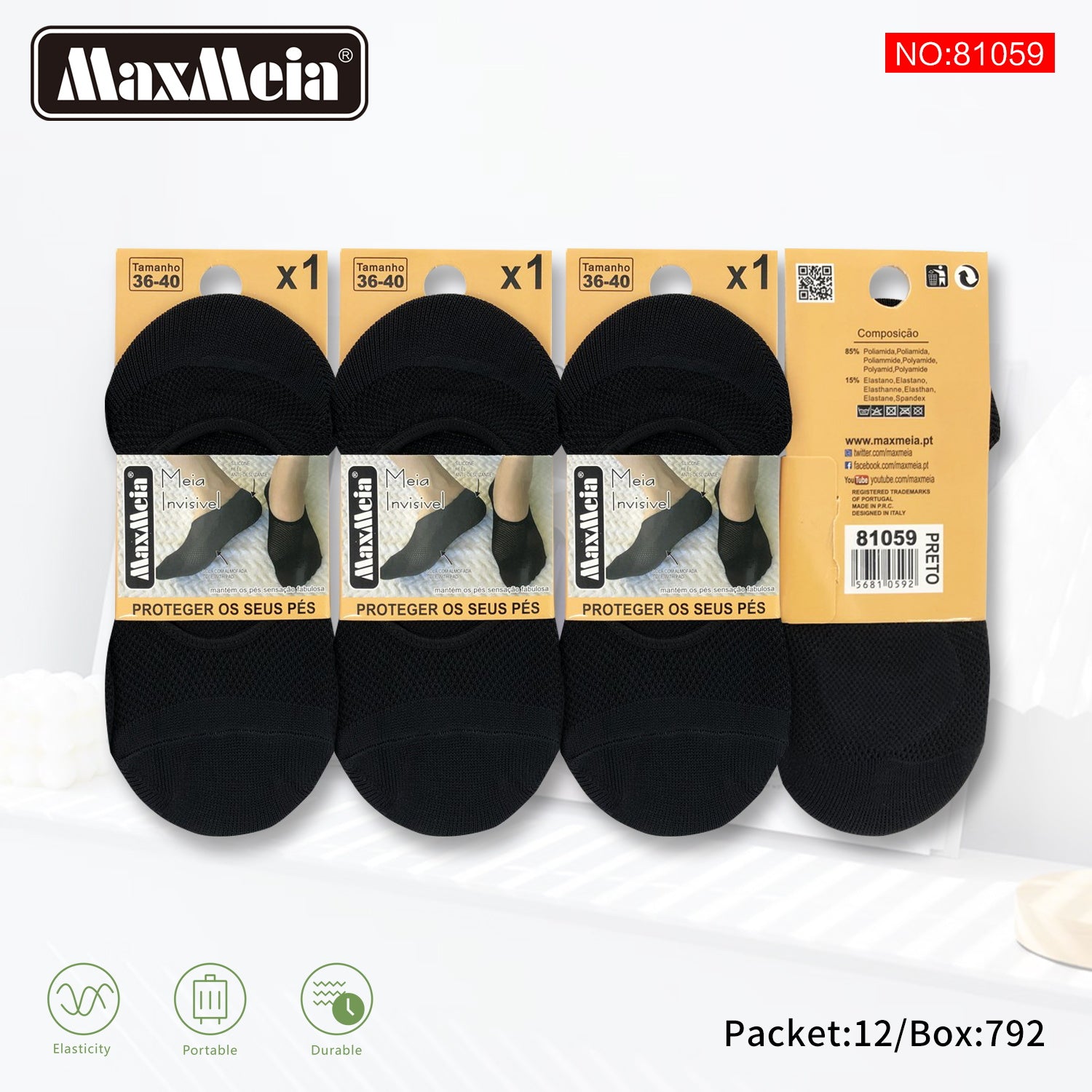 Meia Invisível Preta Desporto Mulher | Tamanho 36-40 |Pack de 1/4 pares