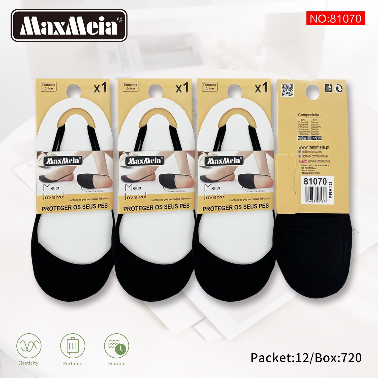 Meia Invisível Preta Sem Costura com Almofada Mulher | Tamanho Único | Pack de 1/4 pares