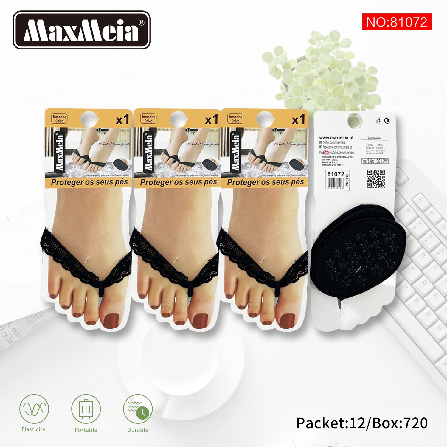Meia Renda Tanga Pé Preta/Bege  Antiderrapante Mulher | Tamanho Único | Pack de 1/4 pares