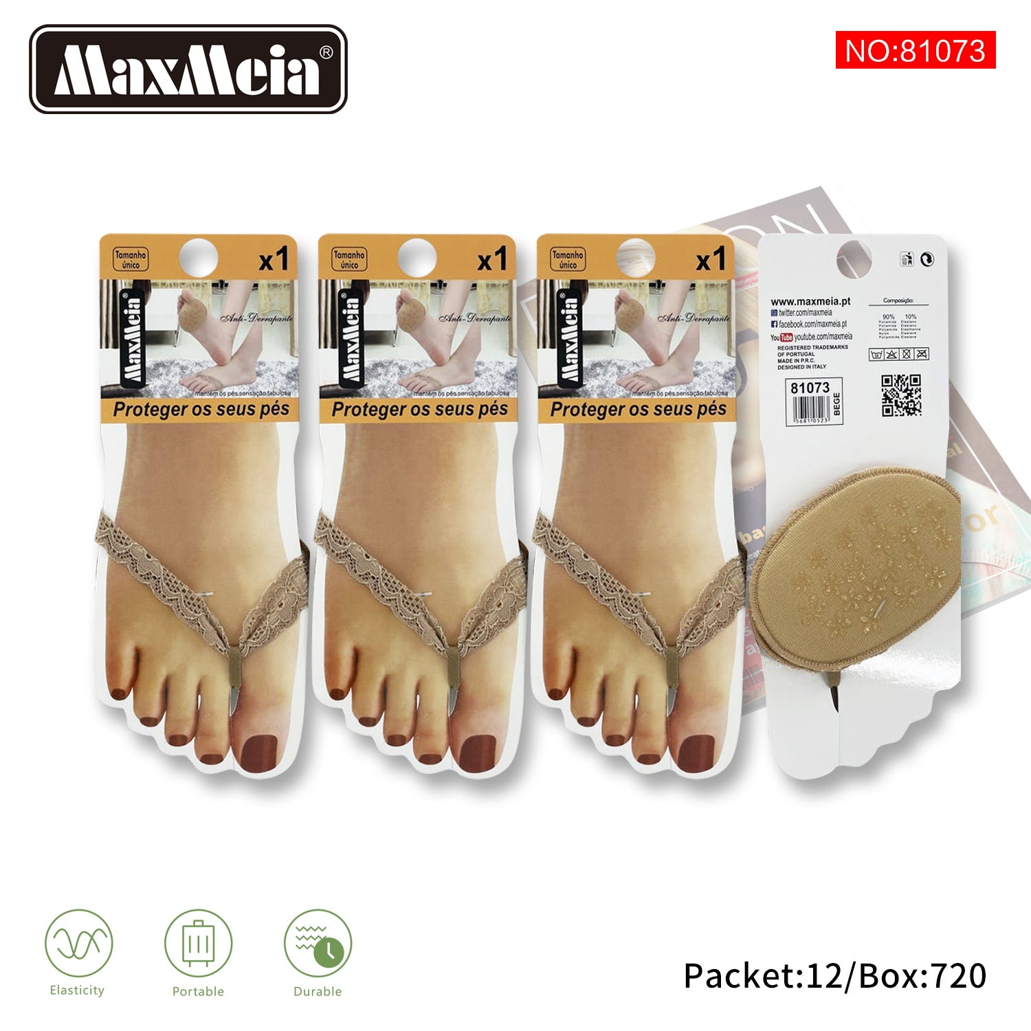 Meia Renda Tanga Pé Preta/Bege  Antiderrapante Mulher | Tamanho Único | Pack de 1/4 pares