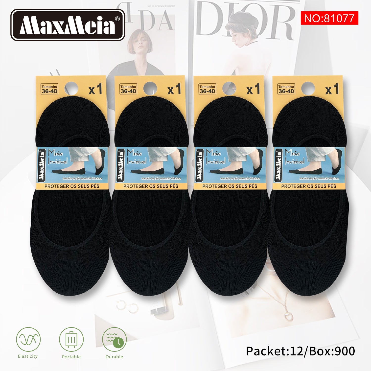 Meia Invisível Preta Mulher | Tamanho 36-40 | Pack de 1/4 pares