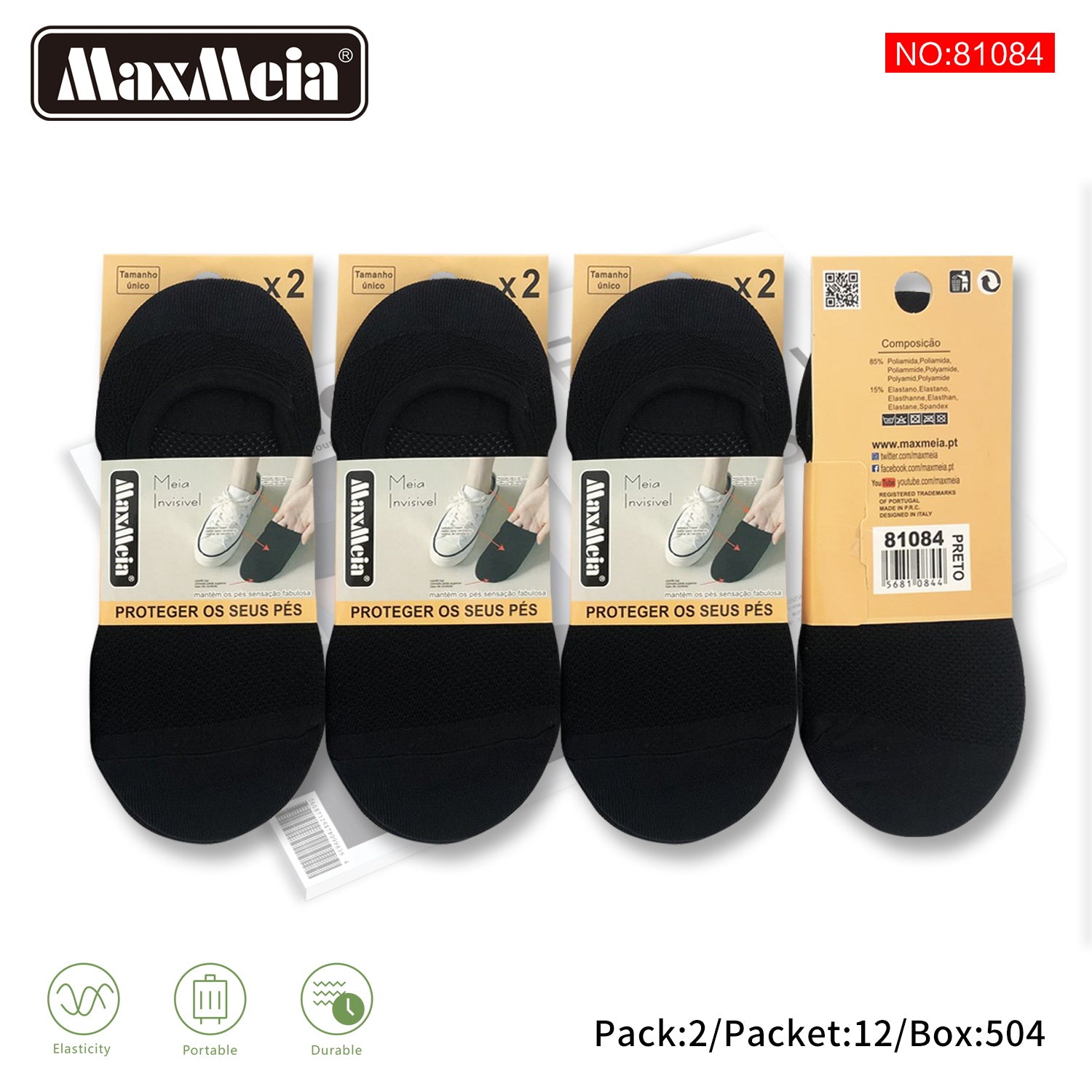 Meia Invisível Preta Mulher | Tamanho Único | Pack de 2/8 pares