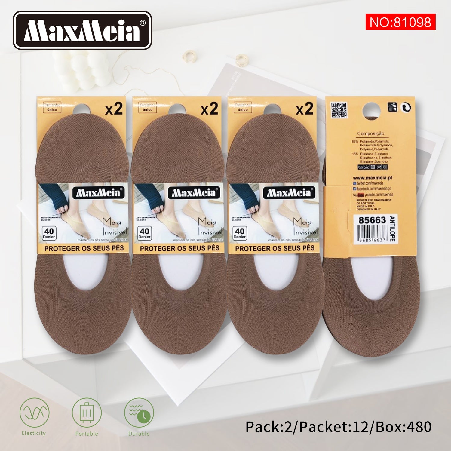 Meia Invisível 40 Denier  Mulher | Tamanho Único | Várias Cores | Pack de 2/8 pares