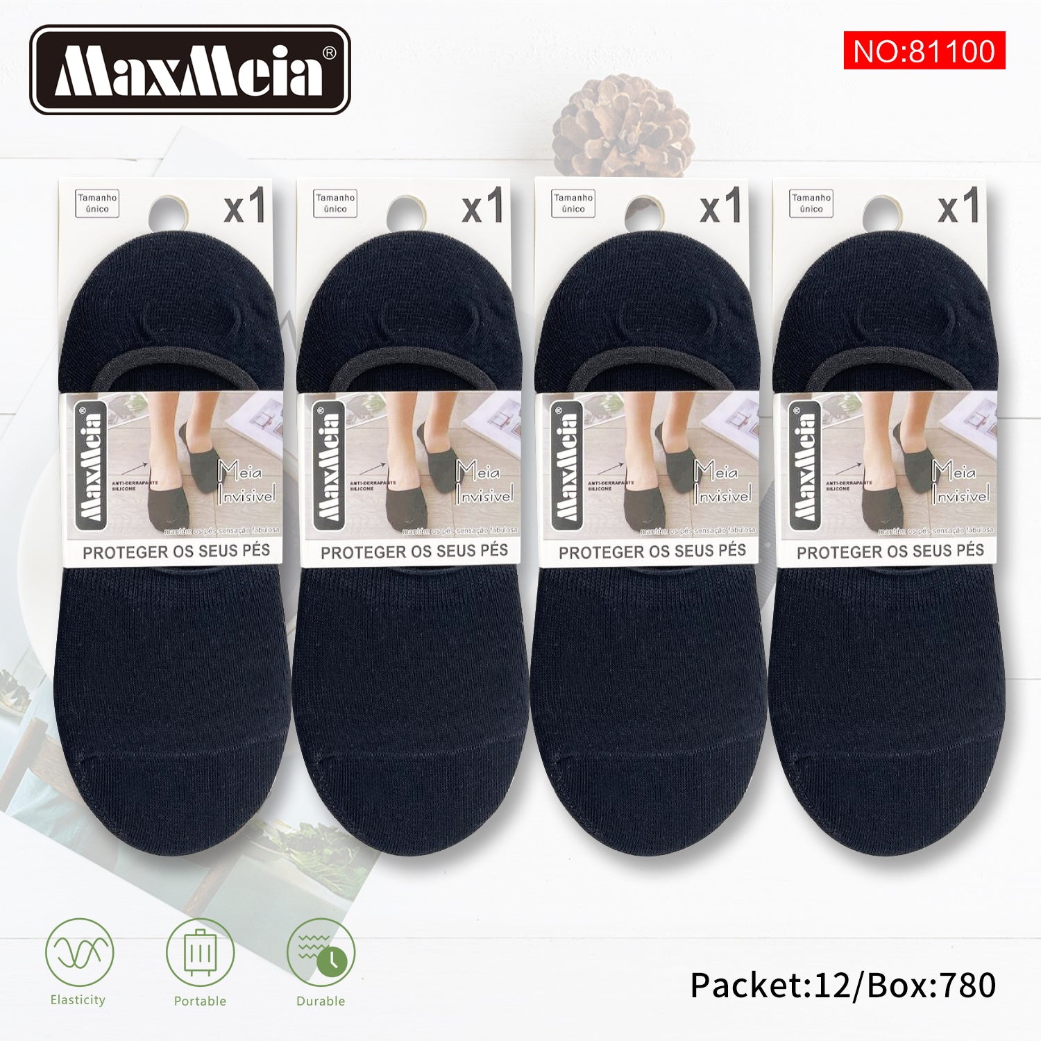 Meia Invisível Anti-Derrapante MaxMeia | Preto | Pack de 1/4 Pares
