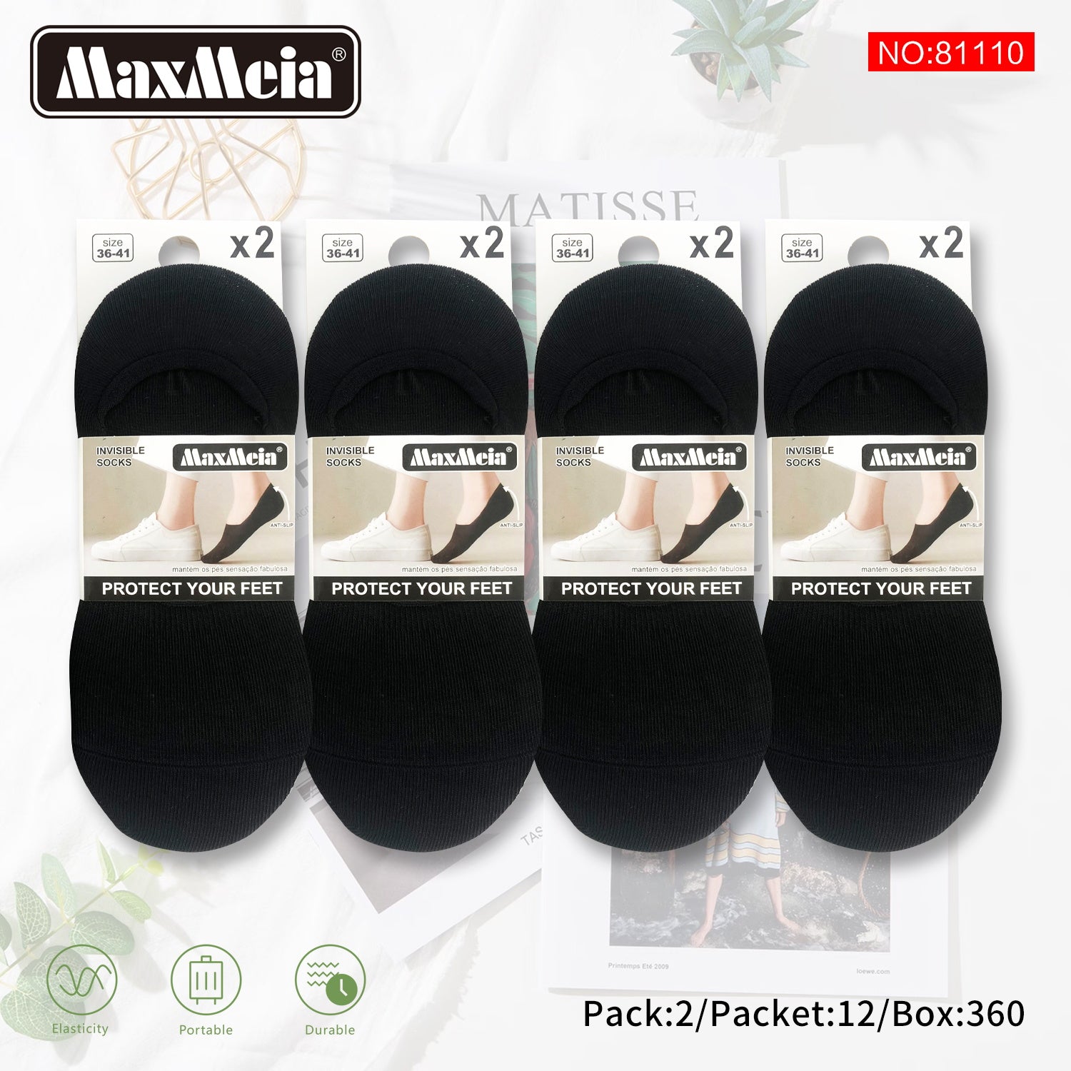 Meia Invisível Anti-Slip Unissexo | Várias cores| 36-41 |Pack de 2/8 Pares