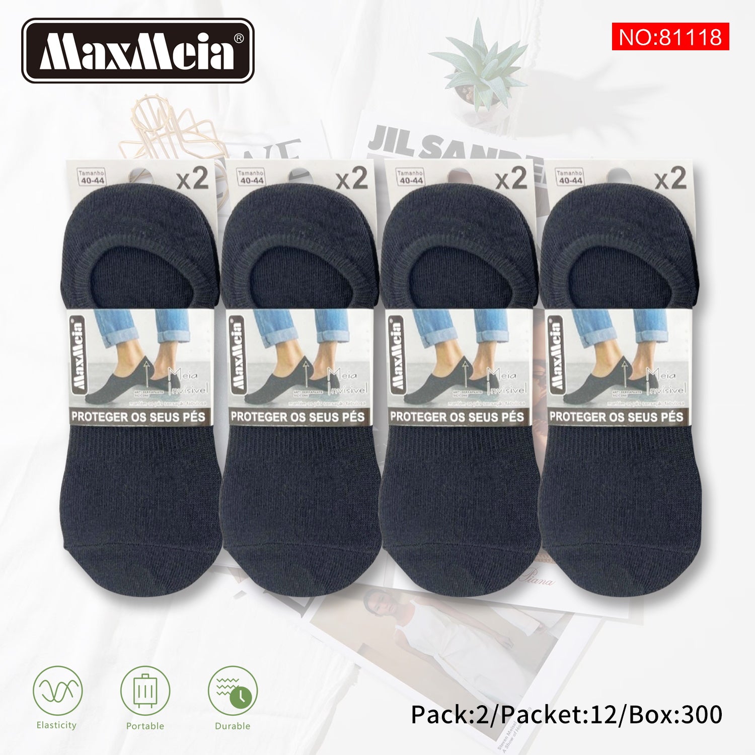 Meia Invisível Anti-Slip MaxMeia | Preto | 40-44 | Pack de 2/8 Pares