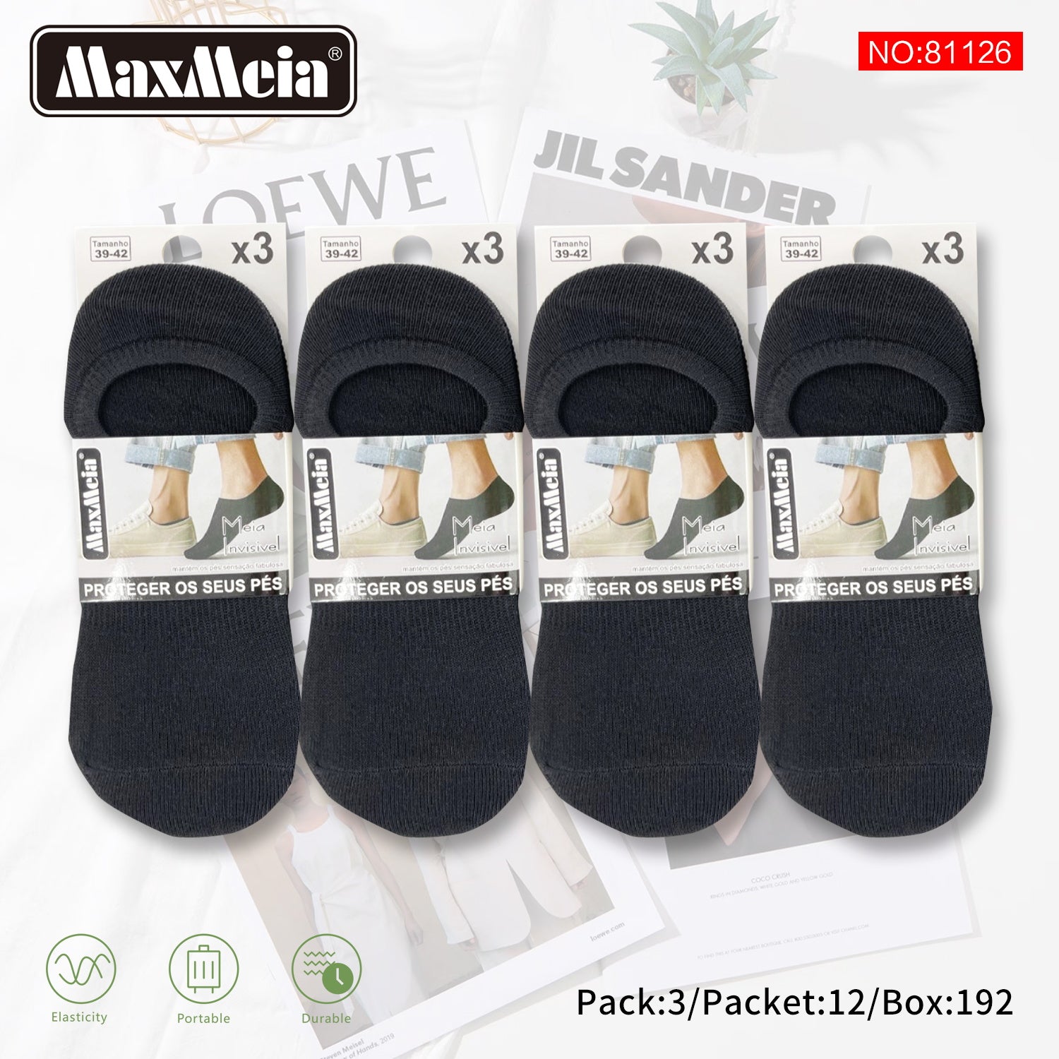 Meia Invisível Anti-Slip Unissexo | Preto | 39-42 | Pack de 3/12 pares