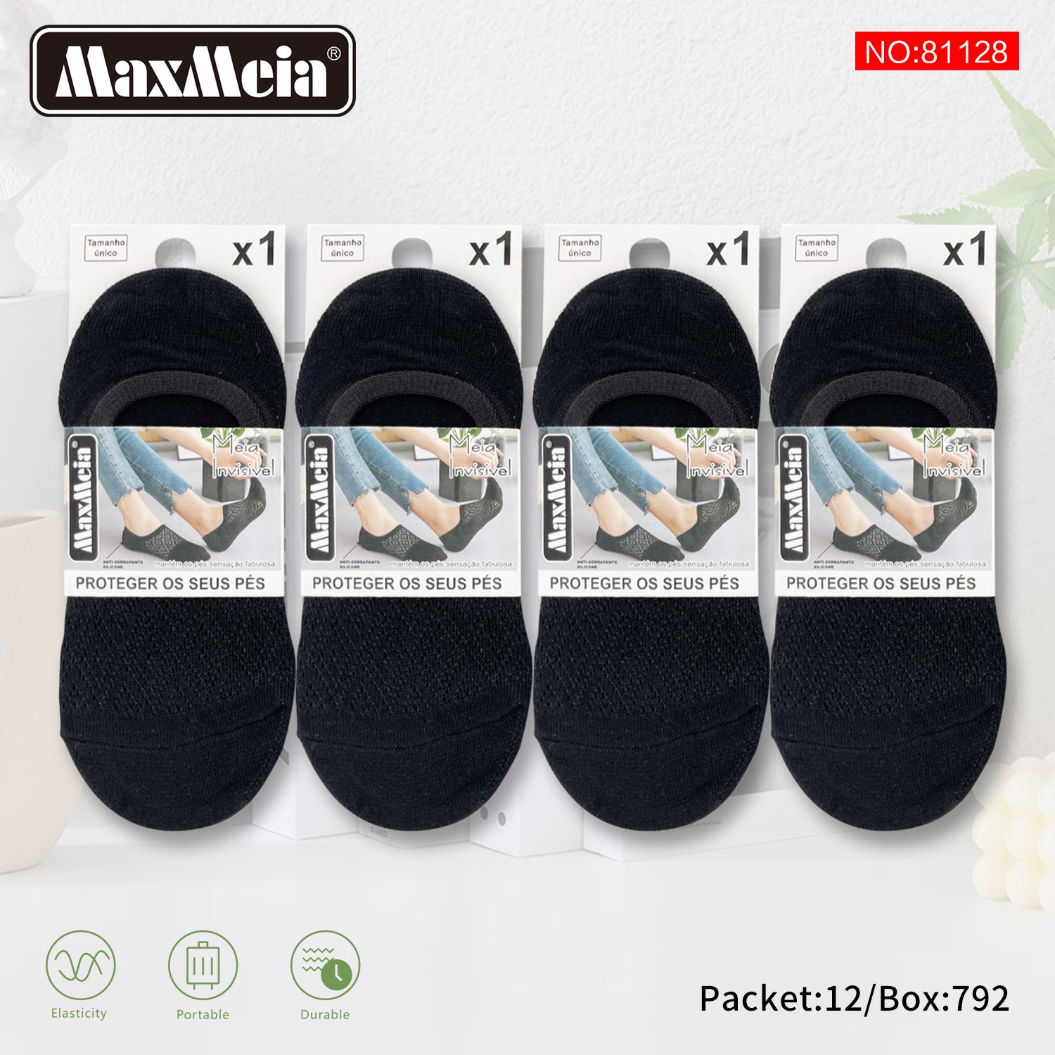 Meia Invisível Anti-Slip Mulher | Preto | Tamanho Único | Pack de 1/4 pares