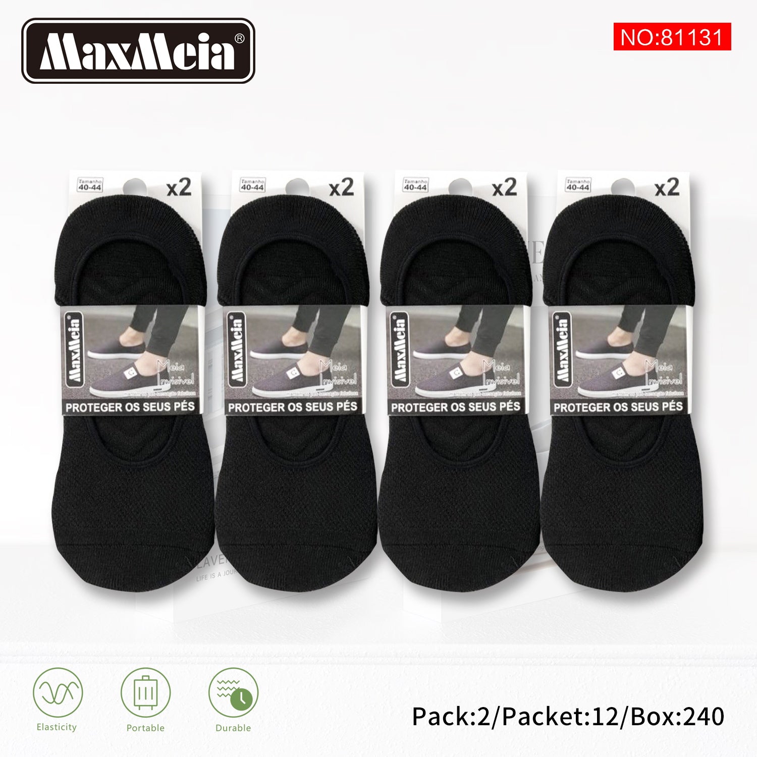 Meia Invisível Anti-Slip Homem| Branco/Preto | 40-44 | Pack de 2/8 pares