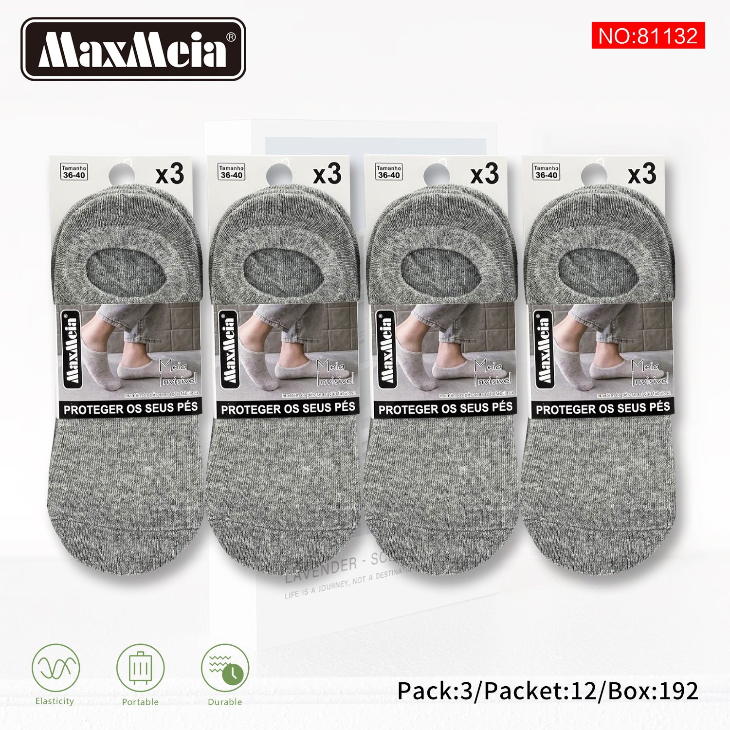 Meia Invisível Anti-Slip Unissexo | Cinza Mescla/Preto| 36-40 | Pack de 3/12 pares