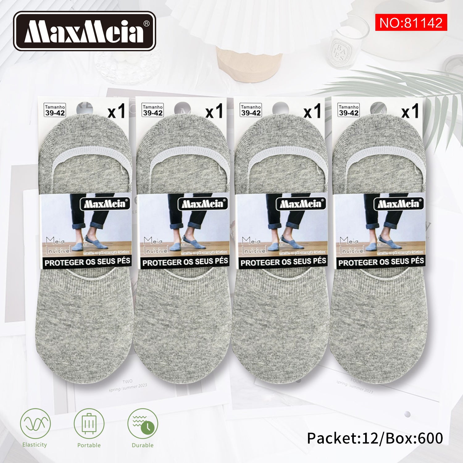 Meia Invisível Anti-Slip Unissexo| Cinza Mescla | 39-42| Pack de 1/4 pares