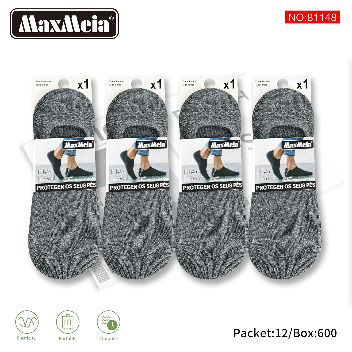 Meia Invisível Anti-Slip Homem| Várias cores| Tamanho Único | Pack de 1/4 pares