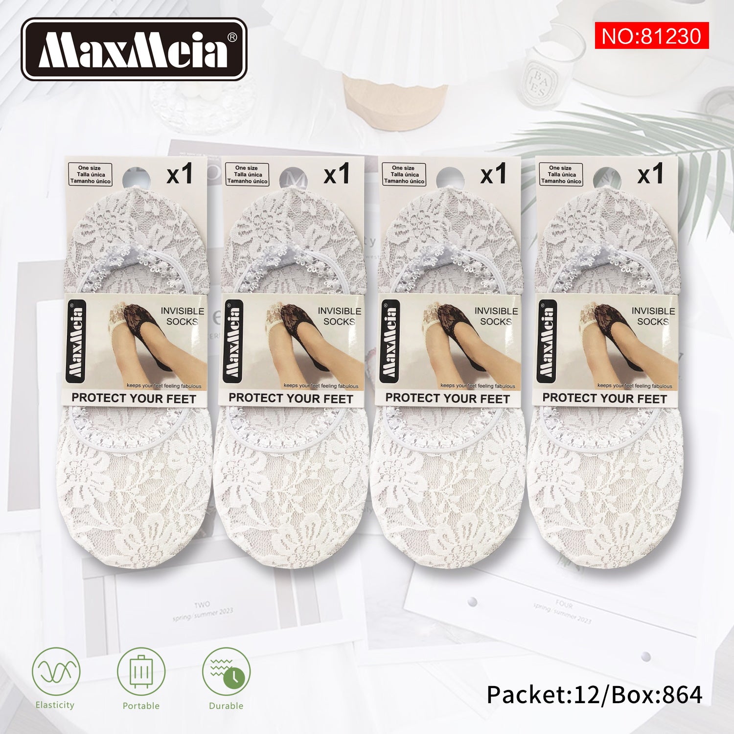 Meia Invisível Renda Floral Mulher | Tamanho Único | Branco e Preto|Pack de 1/4 pares