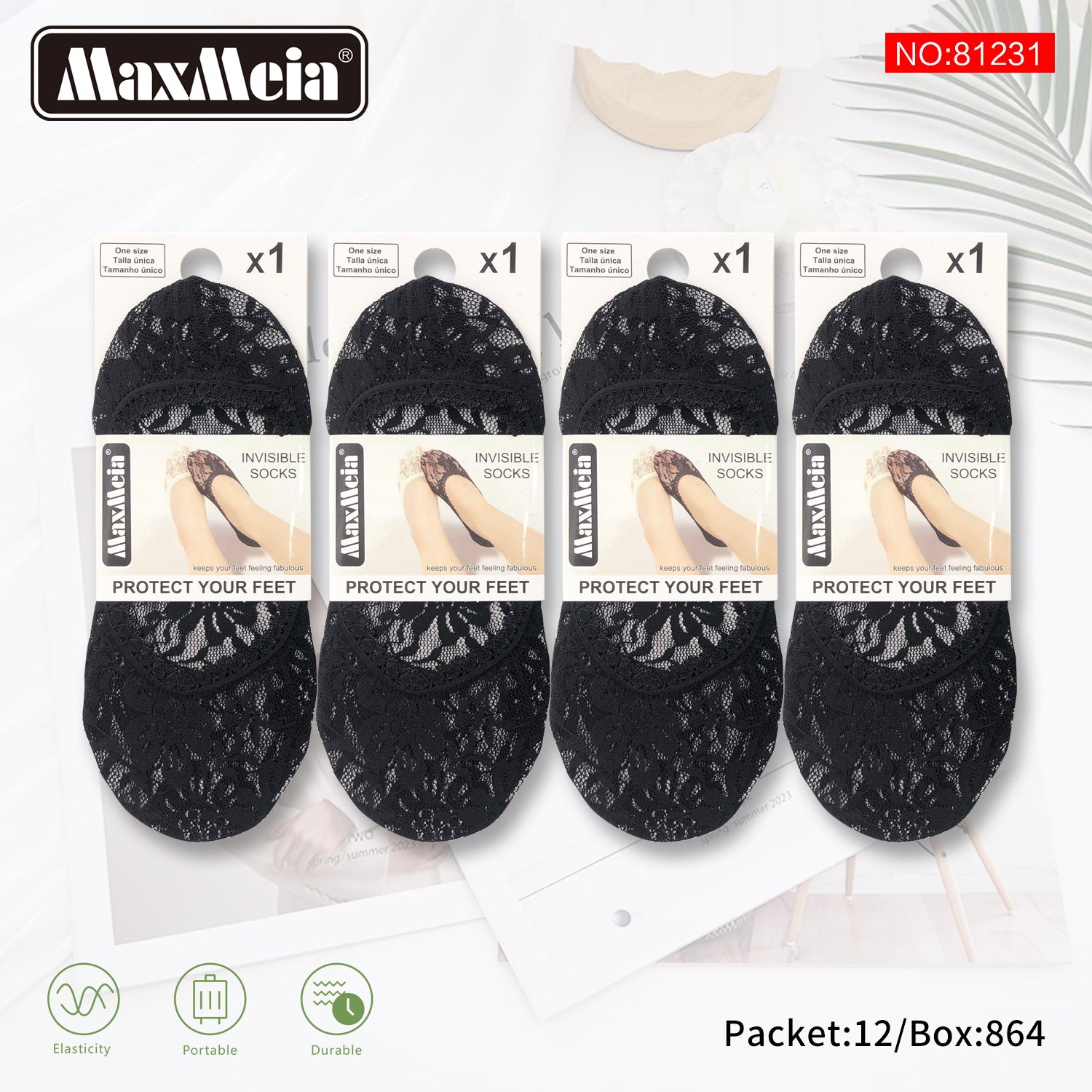 Meia Invisível Renda Floral Mulher | Tamanho Único | Branco e Preto|Pack de 1/4 pares