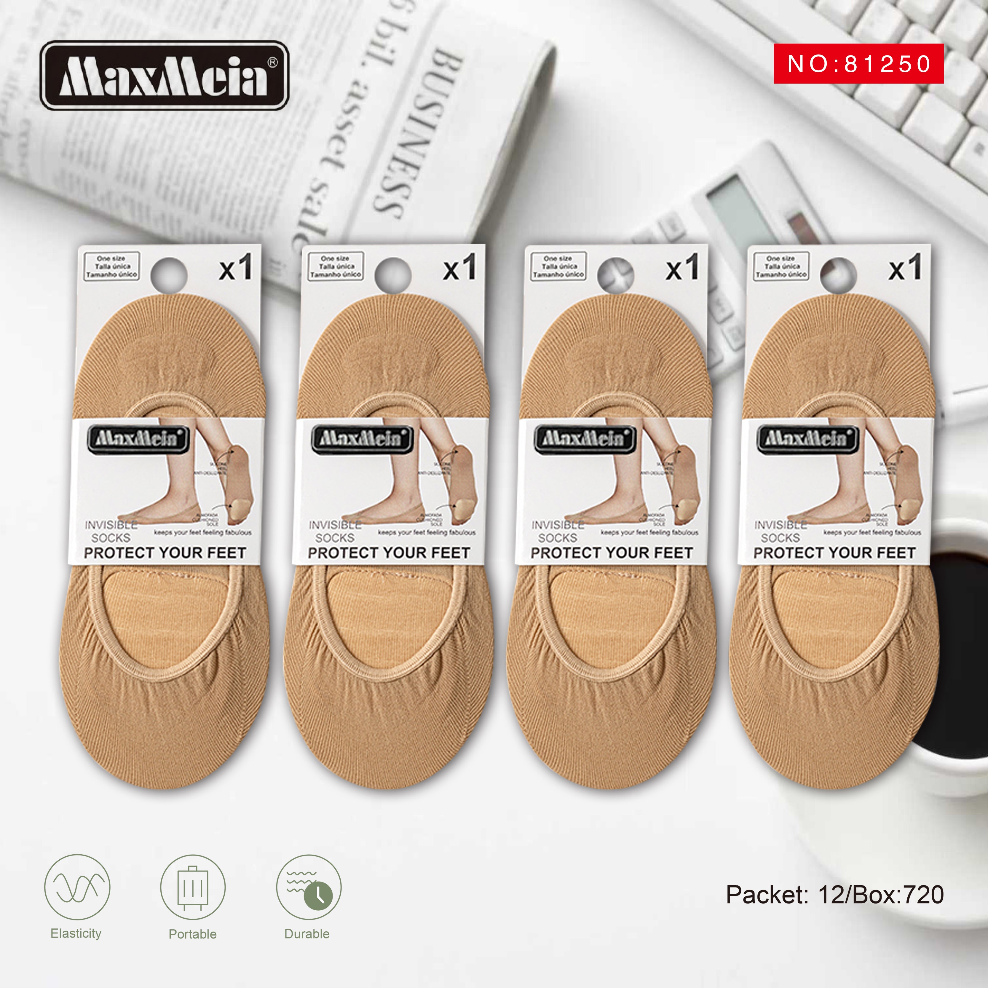 Meia Invisível Canelada Mulher | Tamanho Único | Bege e Preto|Pack de 1/4 pares