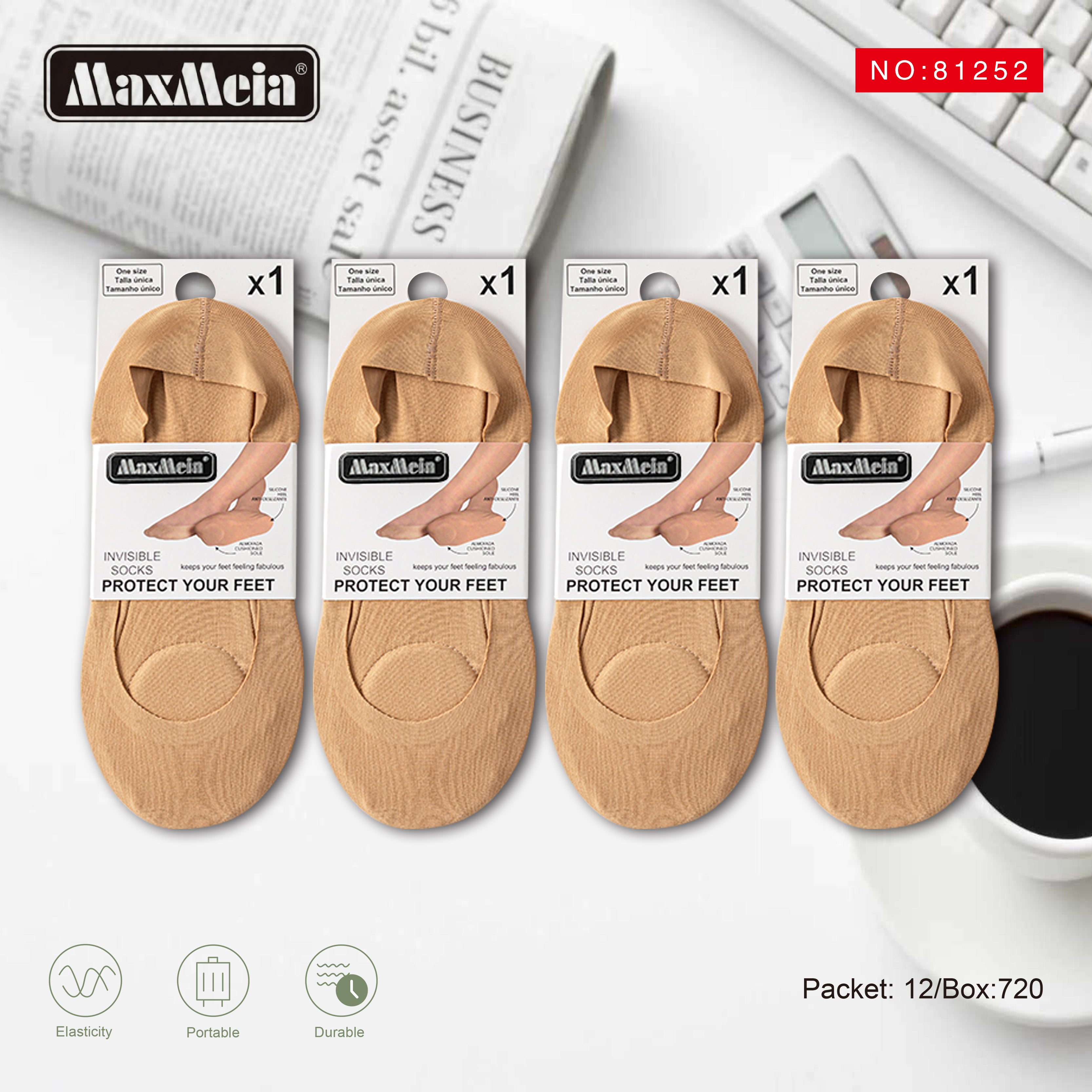 Meia Invisível Sola Almofadada Algodão Mulher | Tamanho Único | Bege e Preto|Pack de 1/4 pares