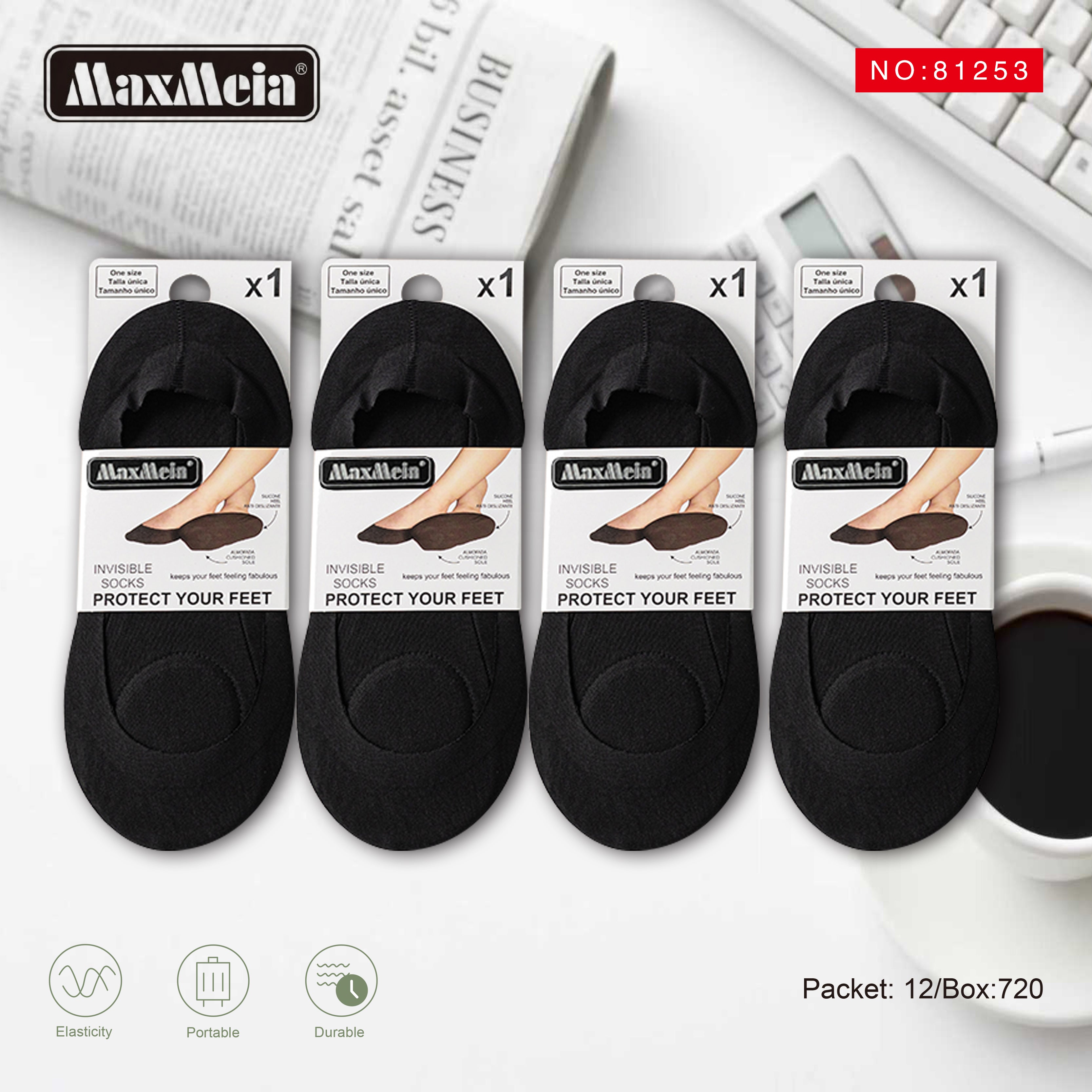 Meia Invisível Sola Almofadada Algodão Mulher | Tamanho Único | Bege e Preto|Pack de 1/4 pares