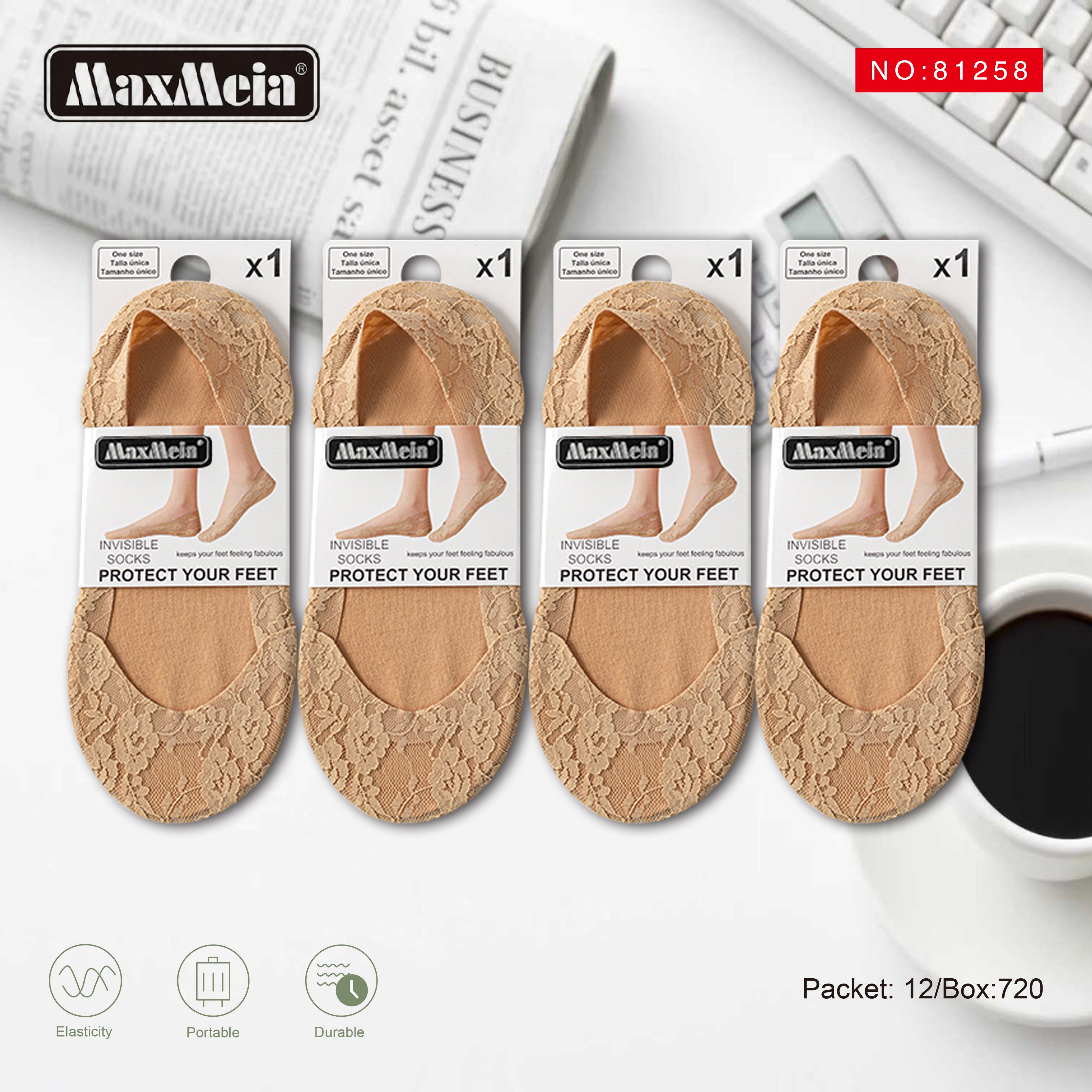 Meia Invisível Renda Floral Sola Algodão Mulher | Tamanho Único | Bege e Preto|Pack de 1/4 pares