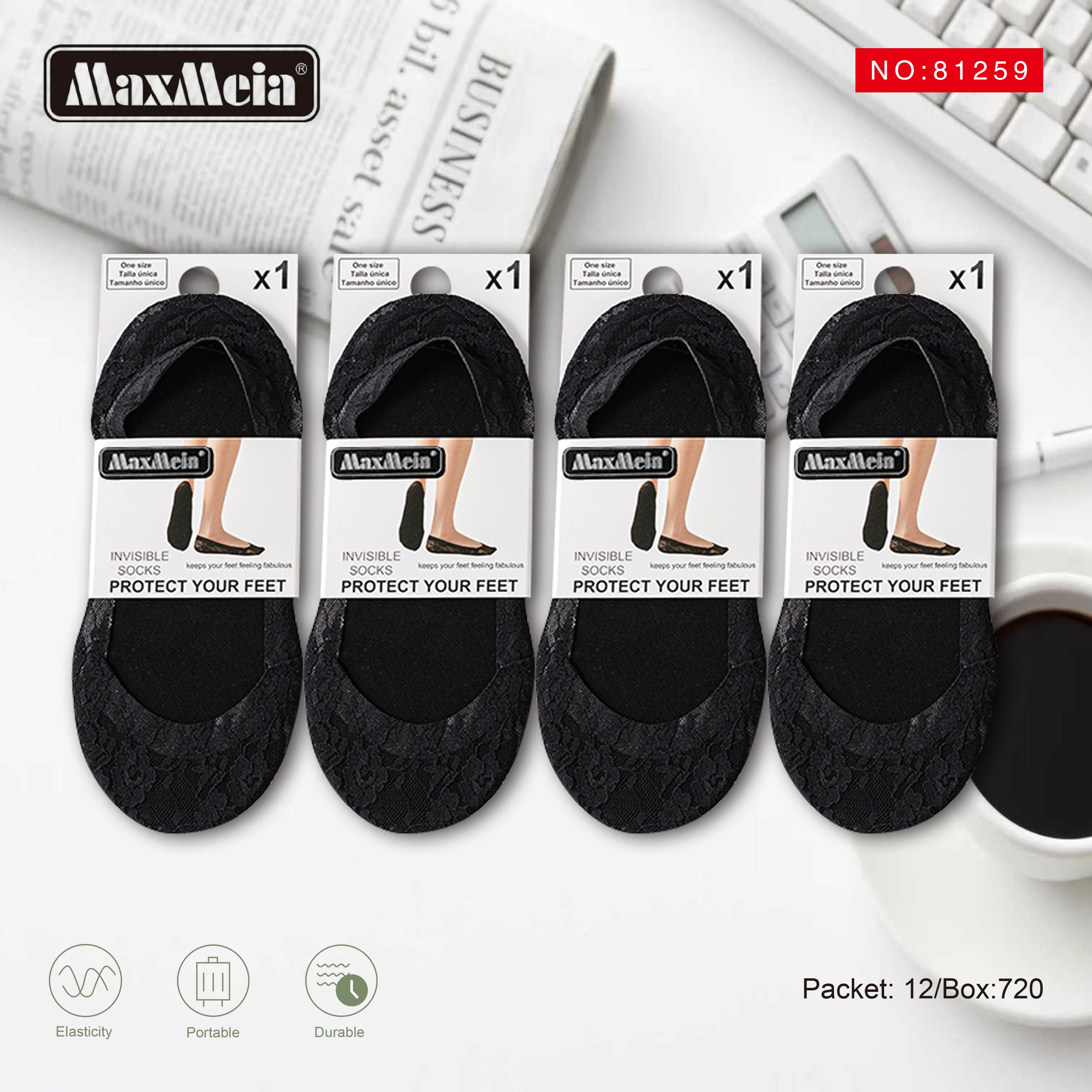 Meia Invisível Renda Floral Sola Algodão Mulher | Tamanho Único | Bege e Preto|Pack de 1/4 pares