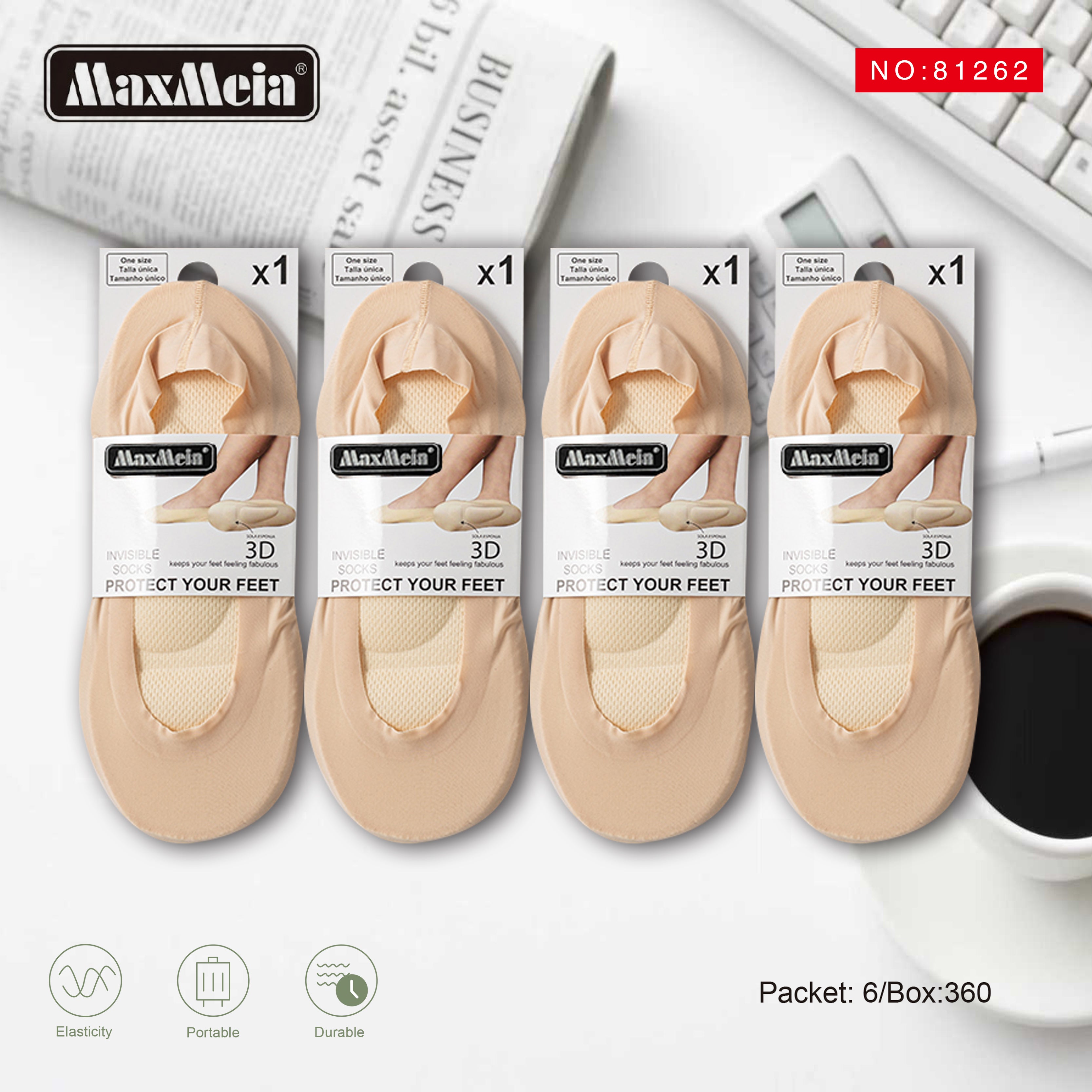 Meia Invisível 3D Sola Almofadada Premium Mulher | Tamanho Único | Bege e Preto|Pack de 1/4 pares