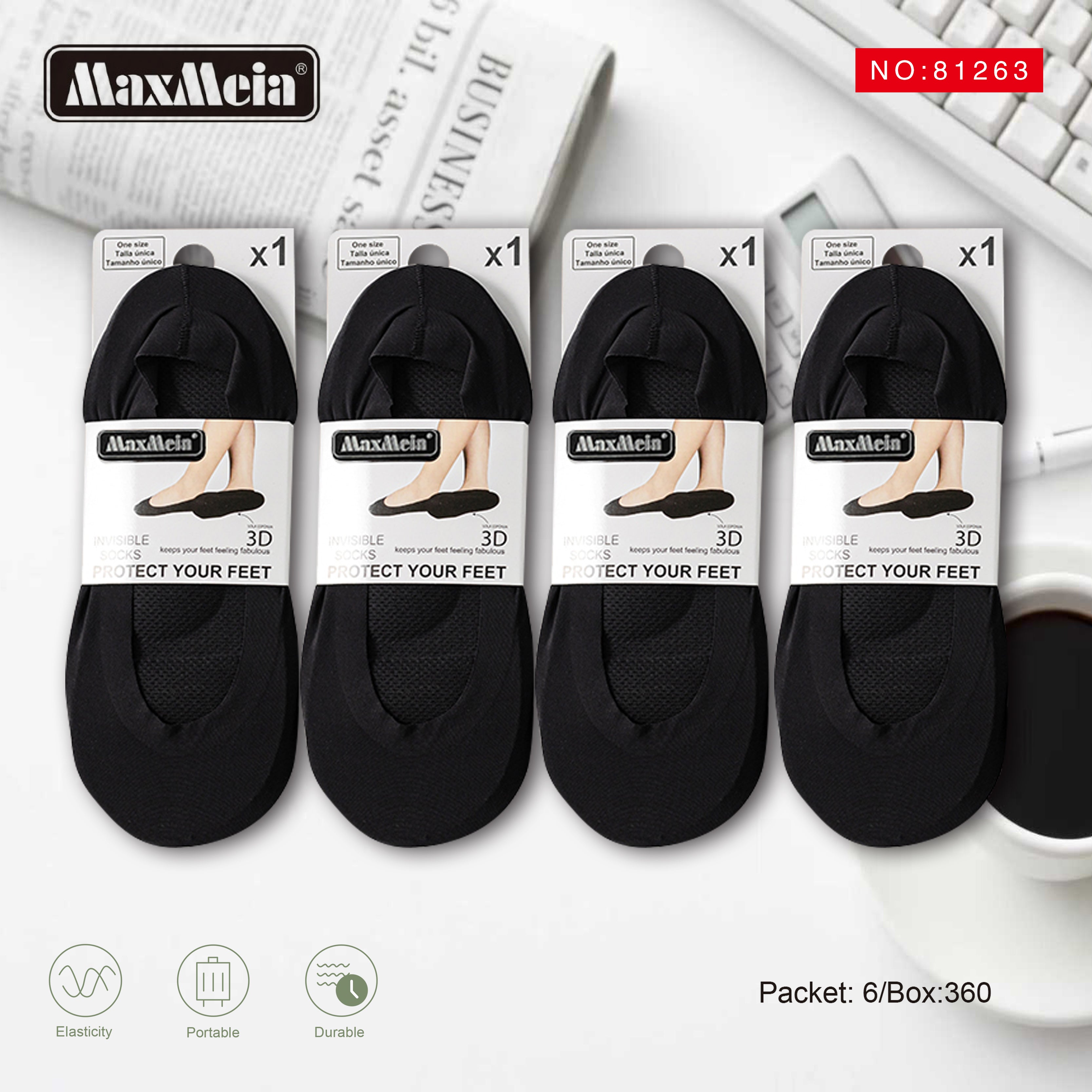 Meia Invisível 3D Sola Almofadada Premium Mulher | Tamanho Único | Bege e Preto|Pack de 1/4 pares