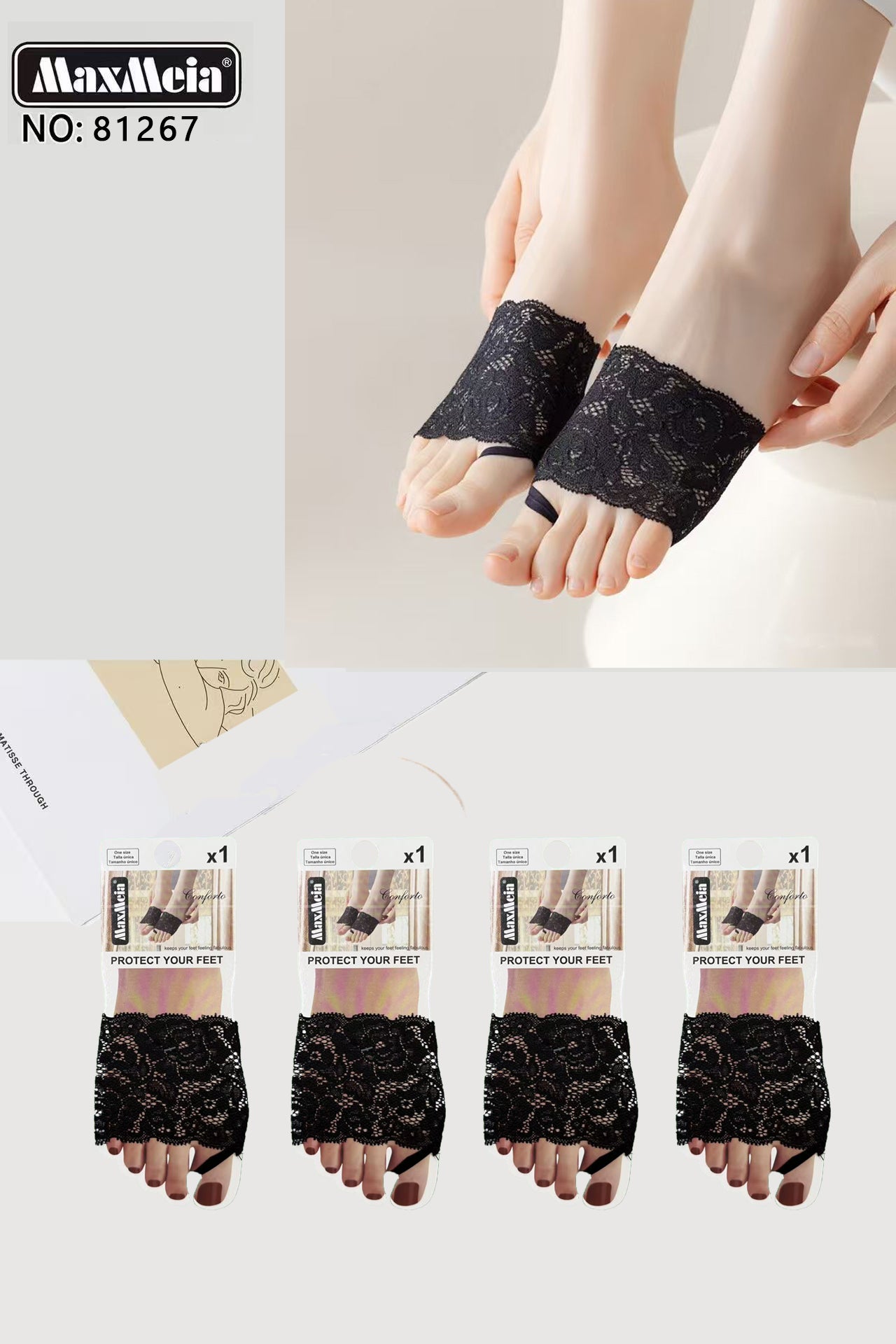 Meia Renda Floral Metatarso Dedos Abertos Mulher | Tamanho Único | Preto e Bege|Pack de 1/4 pares