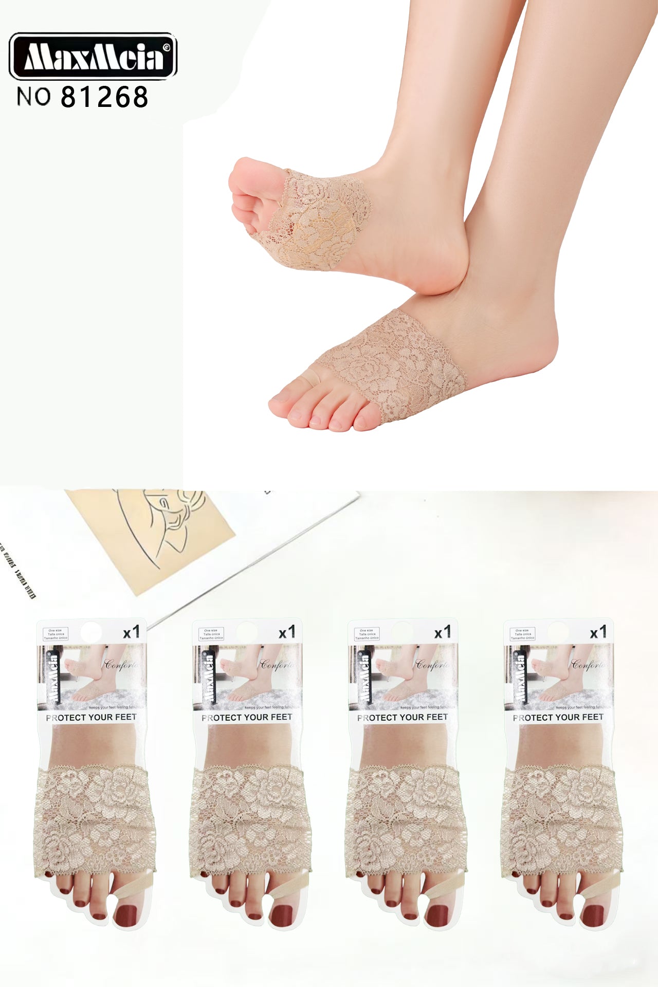 Meia Renda Floral Metatarso Dedos Abertos Mulher | Tamanho Único | Preto e Bege|Pack de 1/4 pares