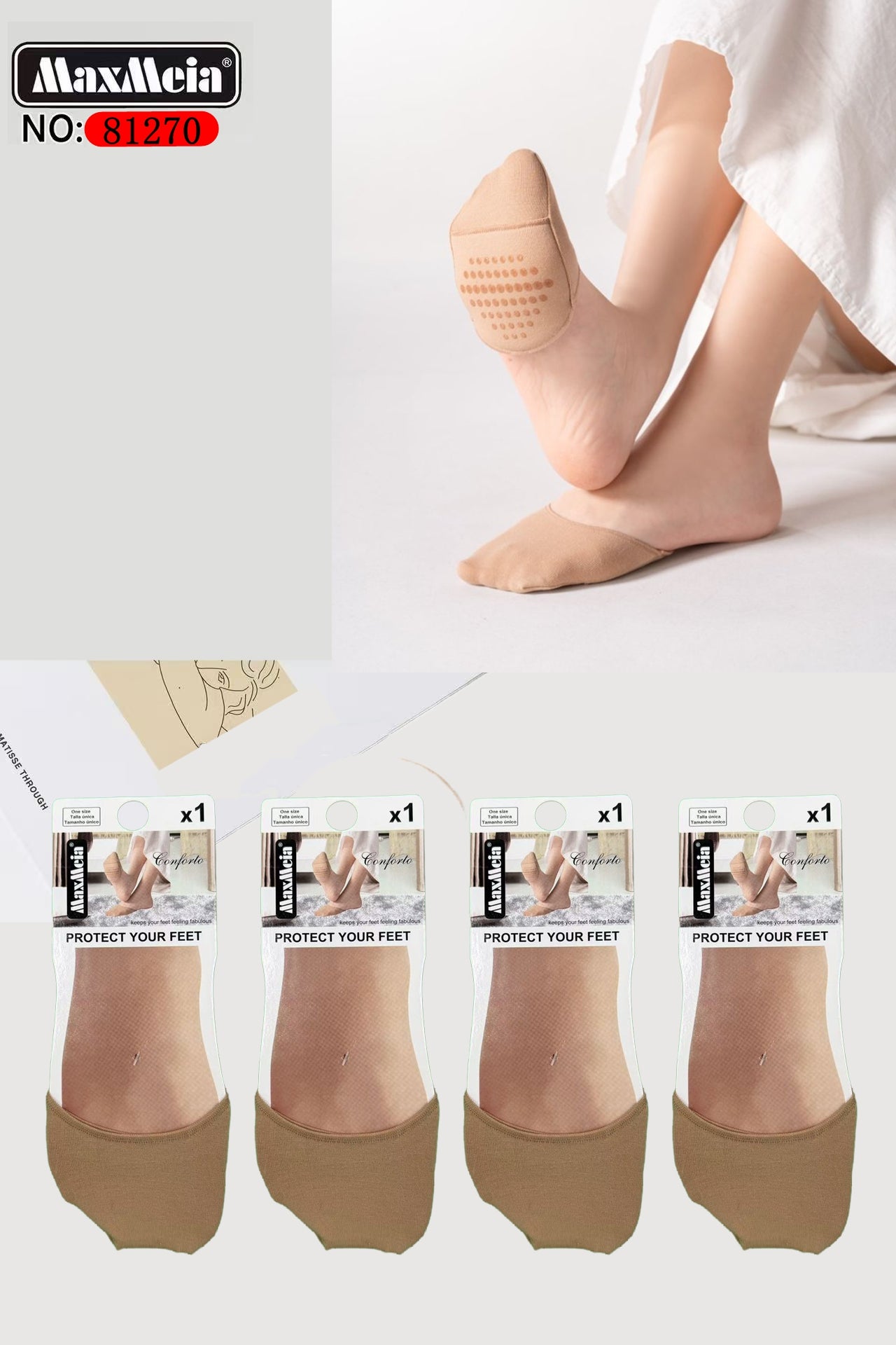 Meia Invisível Half Sole Metatarso Conforto Mulher | Tamanho Único | Preto e Bege|Pack de 1/4 pares