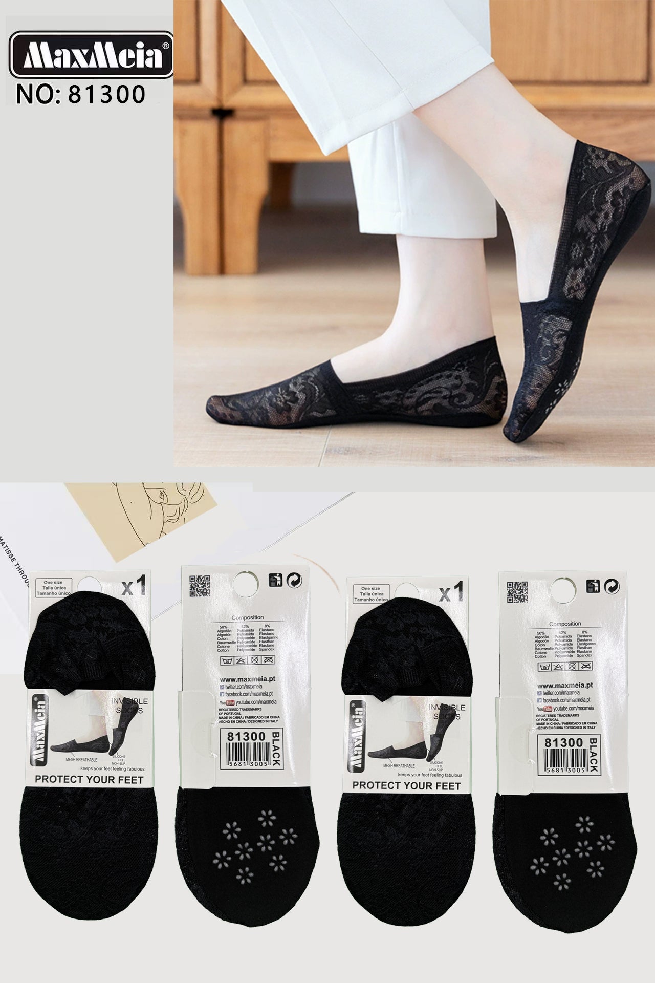 Meia Bailarina Renda Floral Sola Antiderrapante Mulher | Tamanho Único | 3 Cores|Pack de 1/4 pares