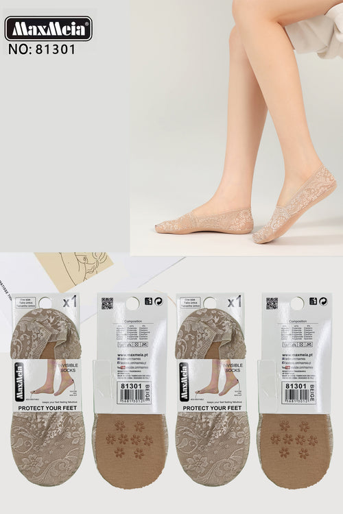 Meia Bailarina Renda Floral Sola Antiderrapante Mulher | Tamanho Único | 3 Cores|Pack de 1/4 pares