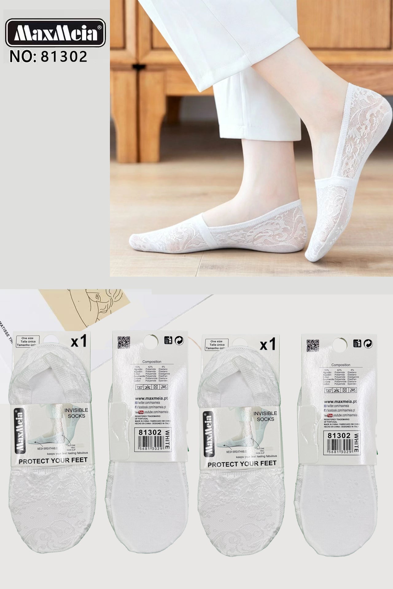 Meia Bailarina Renda Floral Sola Antiderrapante Mulher | Tamanho Único | 3 Cores|Pack de 1/4 pares