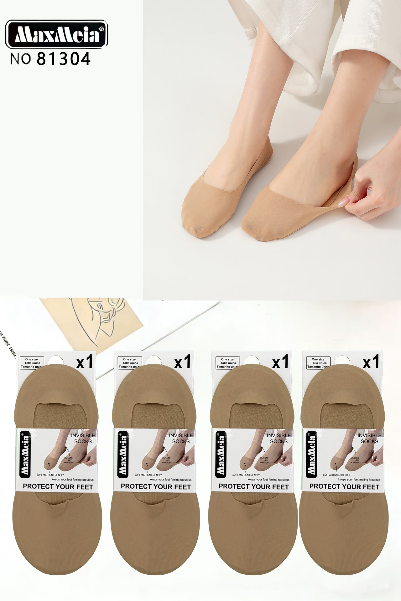 Meia Bailarina Lisa Soft & Skin Friendly Mulher | Tamanho Único | Preto e Bege|Pack de 1/4 pares