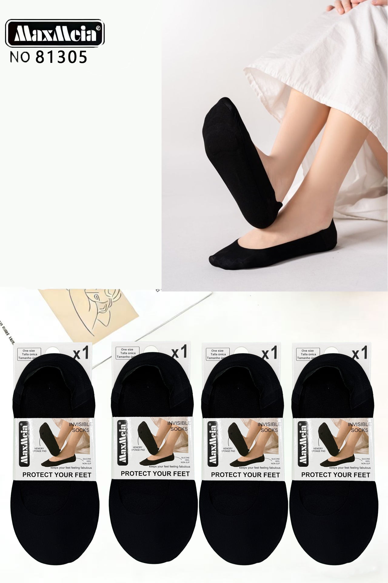 Meia Bailarina Sola Esponja Memory Foam Mulher | Tamanho Único | Preto e Branco |Pack de 1/4 pares