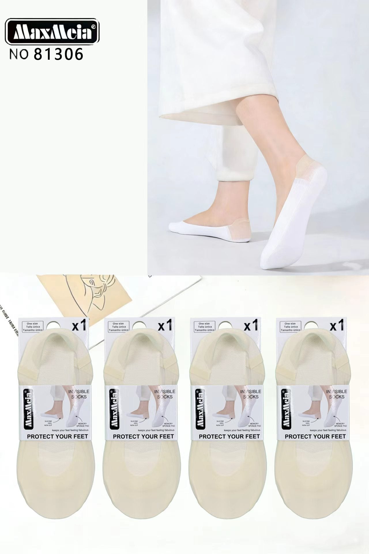 Meia Bailarina Sola Esponja Memory Foam Mulher | Tamanho Único | Preto e Branco |Pack de 1/4 pares