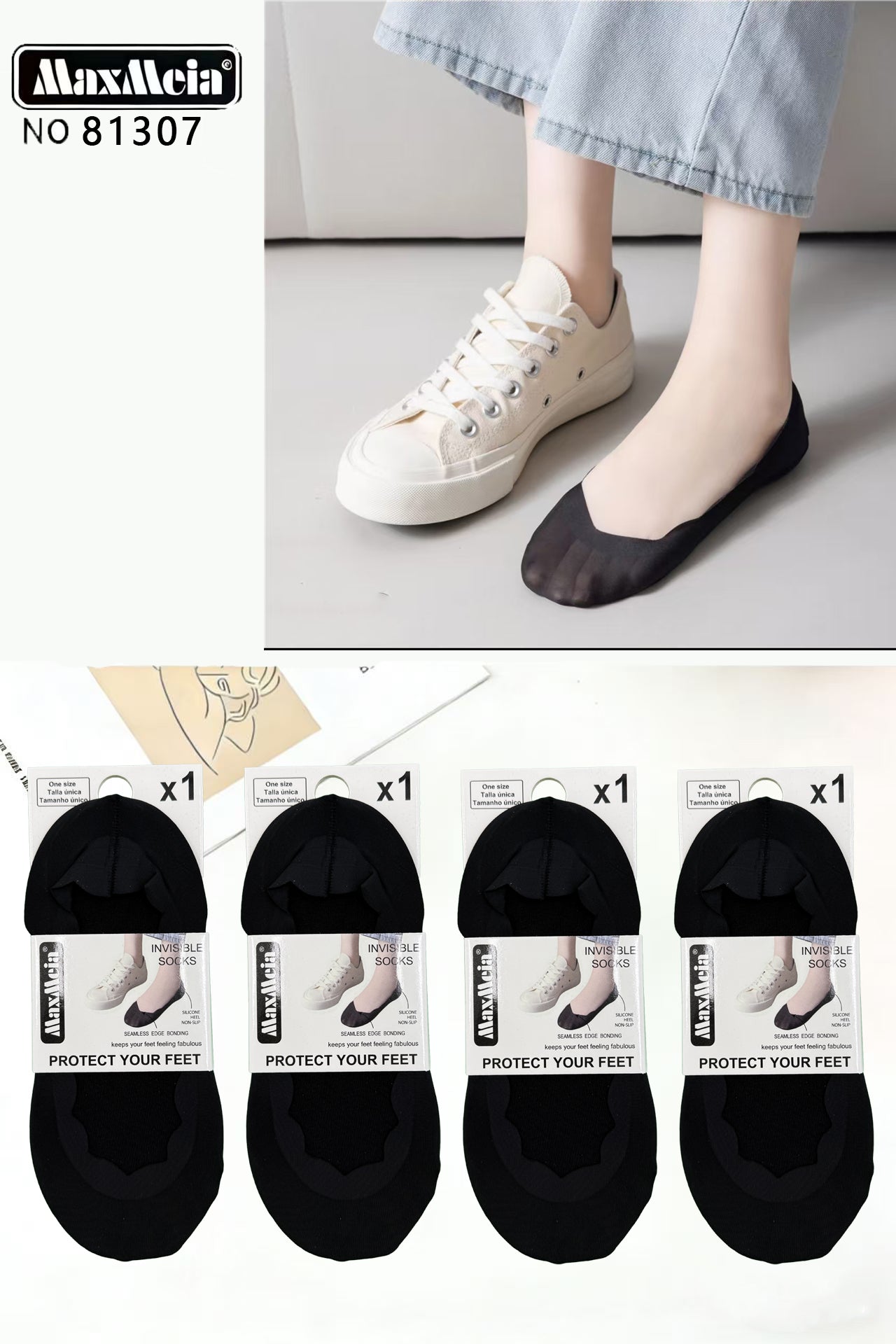 Meia Bailarina Seamless Edge Bonding Mulher | Tamanho Único | Preto e Bege |Pack de 1/4 pares