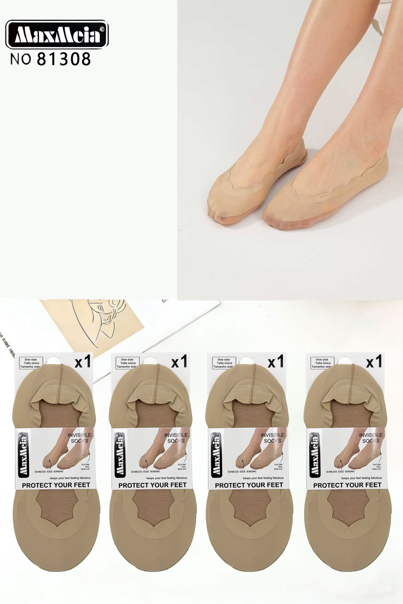 Meia Bailarina Seamless Edge Bonding Mulher | Tamanho Único | Preto e Bege |Pack de 1/4 pares