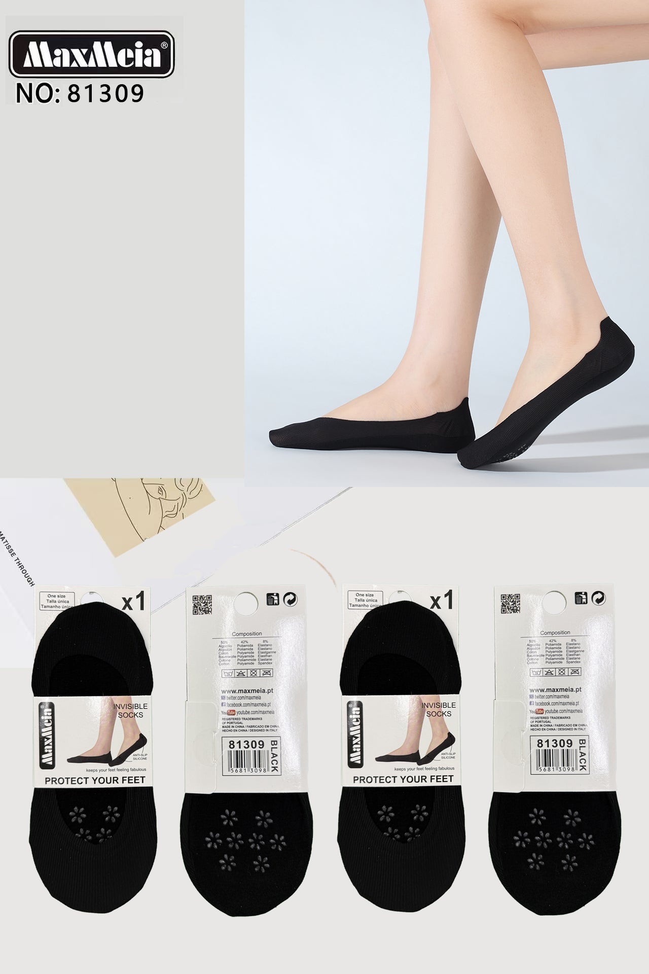 Meia Bailarina Sola Antiderrapante Floral Mulher | Tamanho Único | 3 Cores |Pack de 1/4 pares