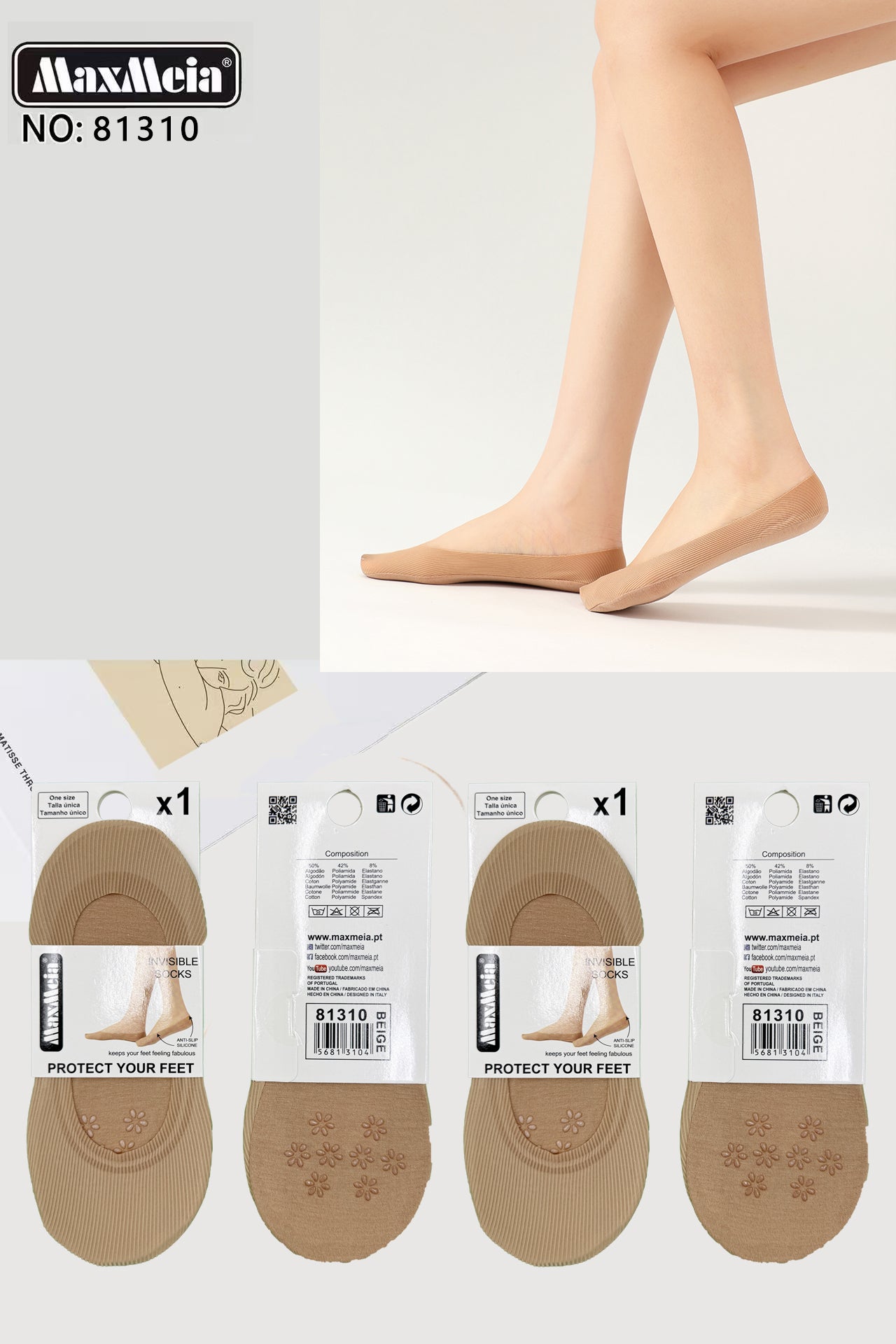 Meia Bailarina Sola Antiderrapante Floral Mulher | Tamanho Único | 3 Cores |Pack de 1/4 pares