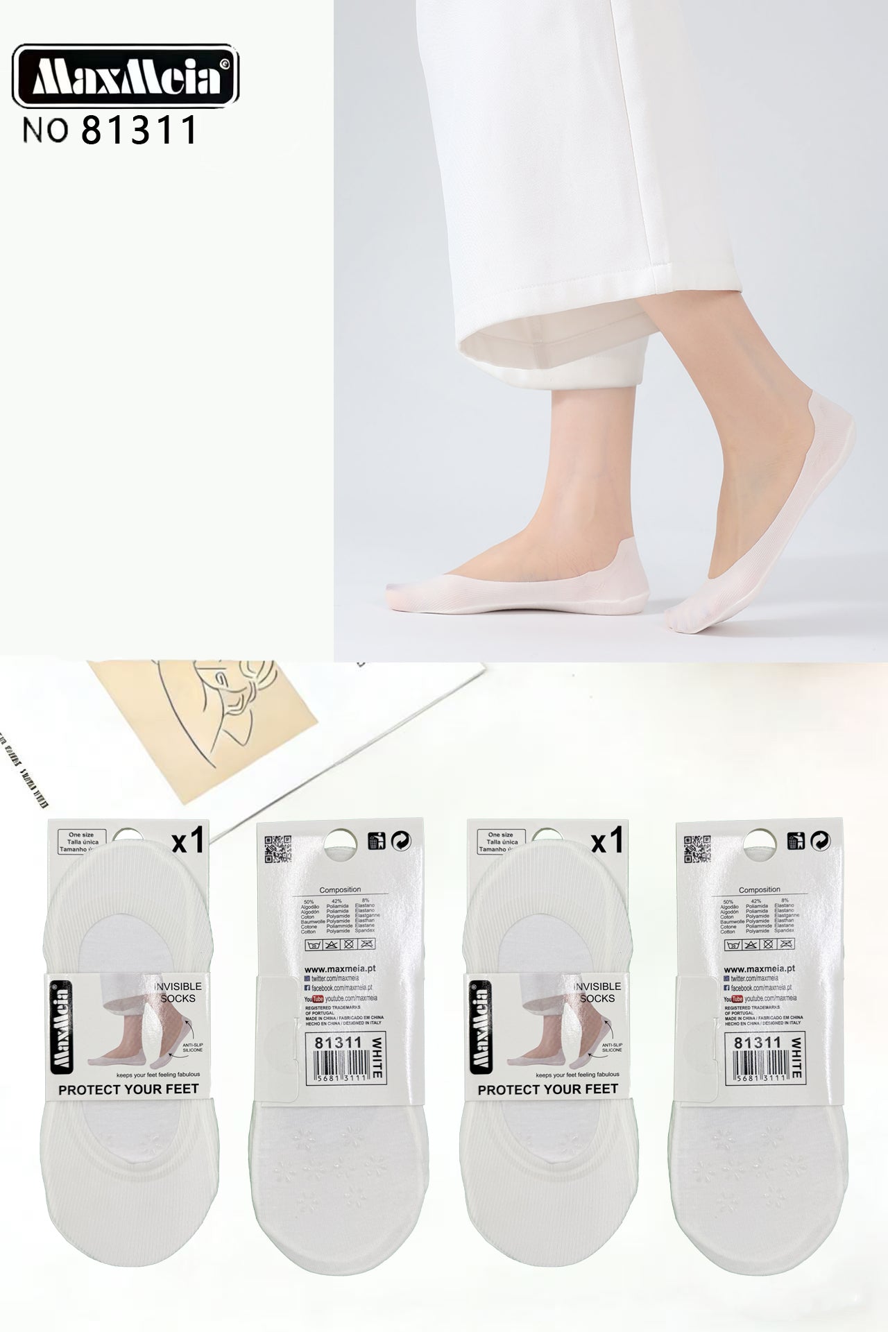 Meia Bailarina Sola Antiderrapante Floral Mulher | Tamanho Único | 3 Cores |Pack de 1/4 pares