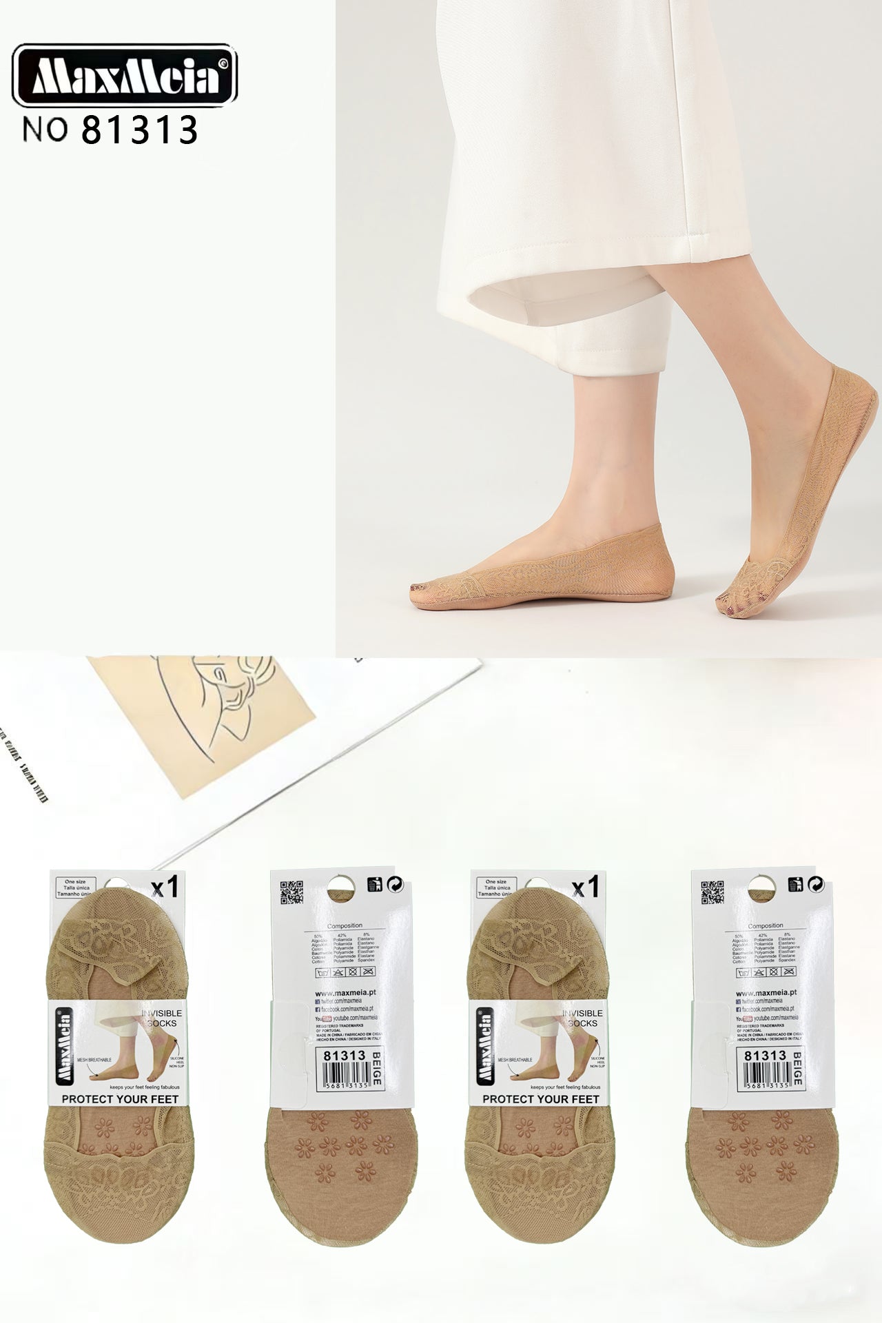 Meia Bailarina Renda Floral Sola Silicone Mulher | Tamanho Único | 3 Cores |Pack de 1/4 pares