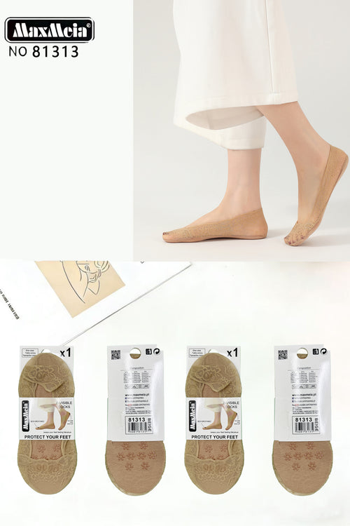 Meia Bailarina Renda Floral Sola Silicone Mulher | Tamanho Único | 3 Cores |Pack de 1/4 pares