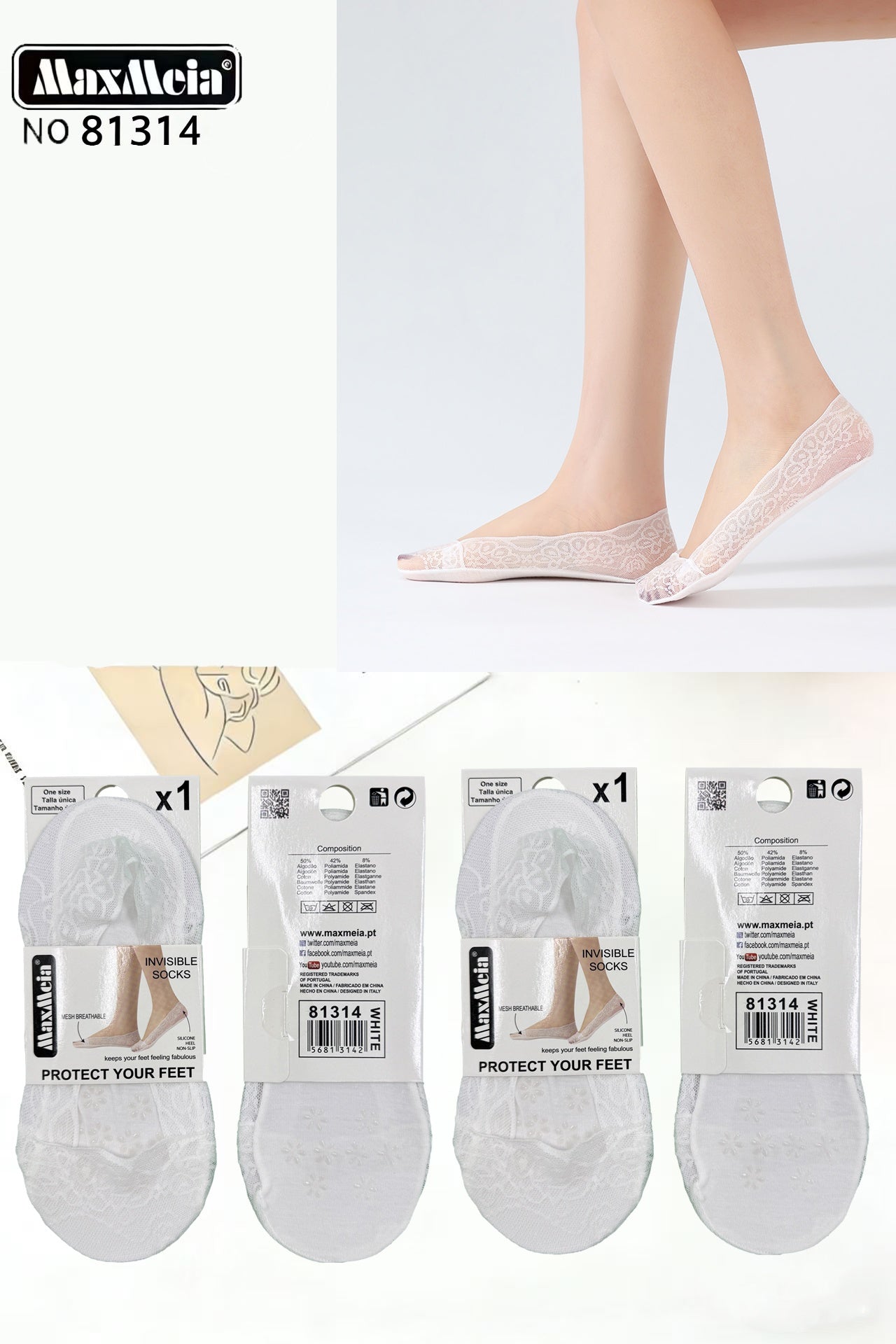 Meia Bailarina Renda Floral Sola Silicone Mulher | Tamanho Único | 3 Cores |Pack de 1/4 pares