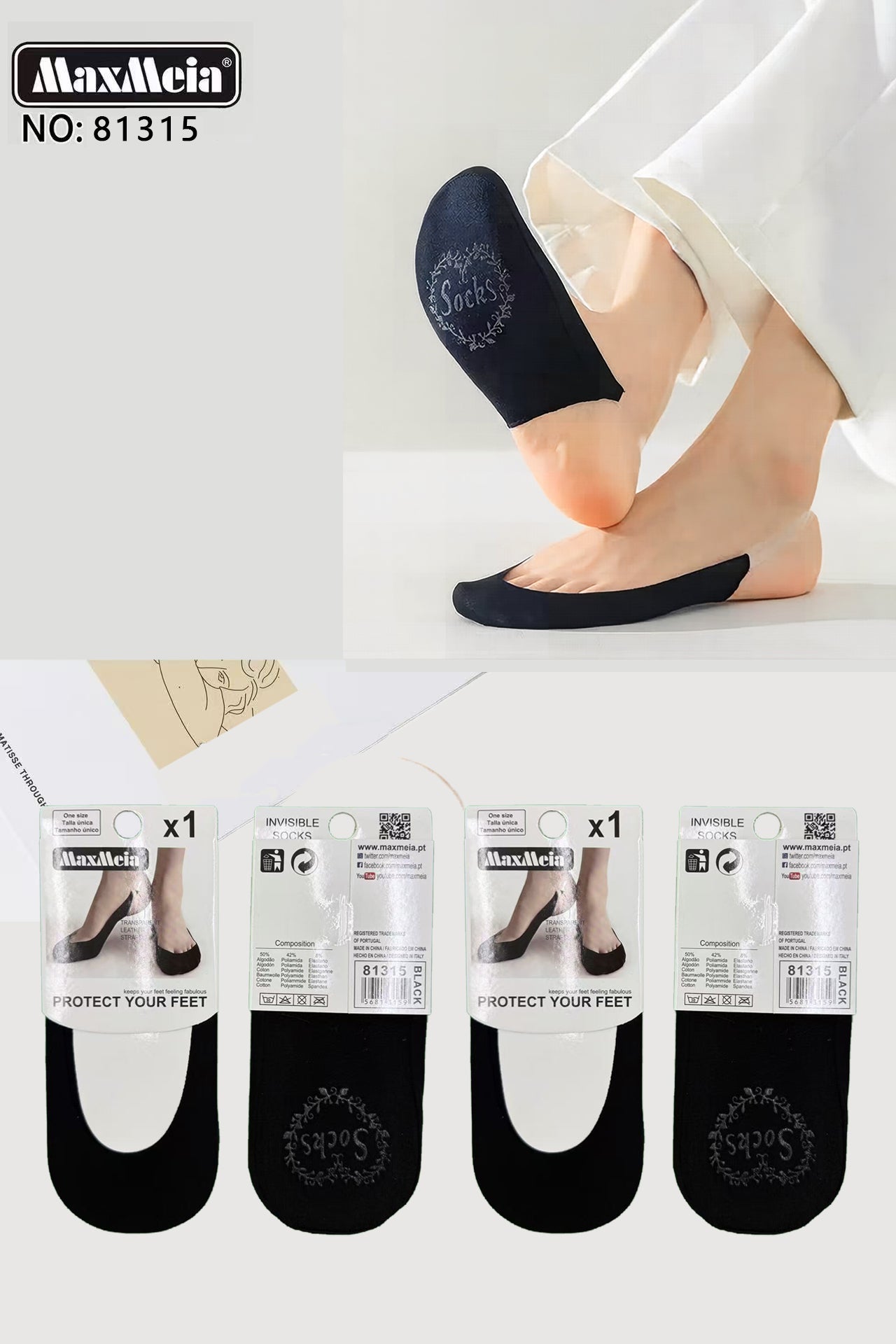 Meia Bailarina Salto com Almofada Calcanhar Mulher | Tamanho Único | Preto e Bege|Pack de 1/4 pares