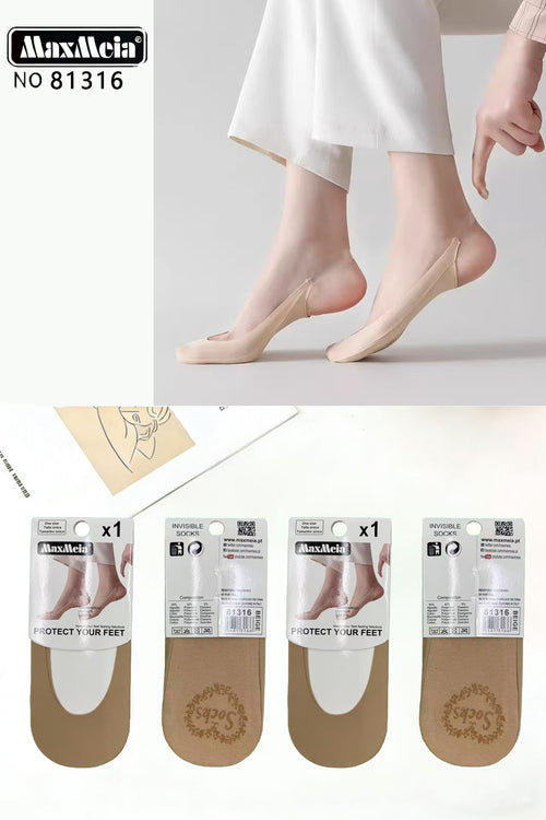 Meia Bailarina Salto com Almofada Calcanhar Mulher | Tamanho Único | Preto e Bege|Pack de 1/4 pares